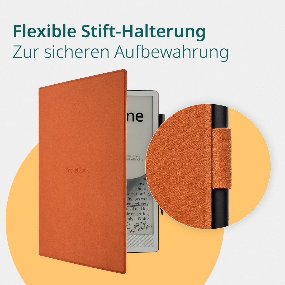 Orange E-Reader-Hülle mit einem Detail der Scharnierbefestigung.