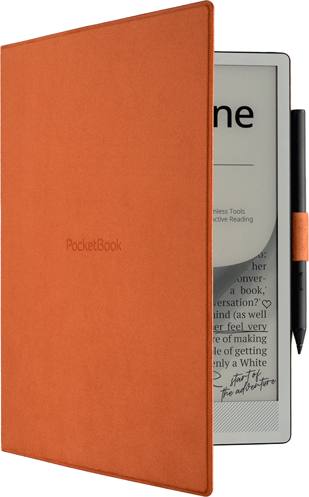 Ein orangefarbener E-Reader mit Stift, der auf der rechten Seite offen liegt.