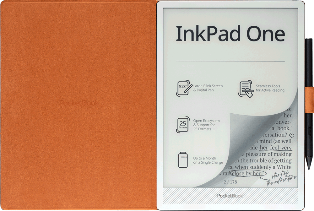 Ein orangefarbener E-Reader mit Stift, der 'InkPad One' heißt.