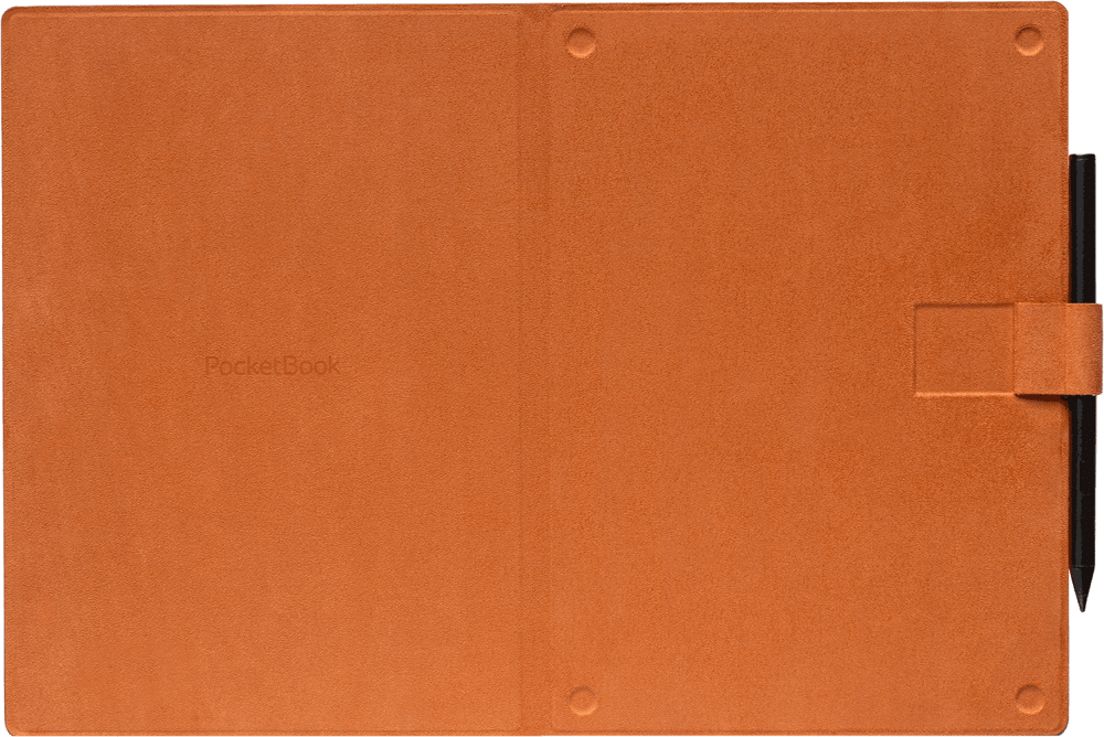 Ein orangebraunes Etui mit "PocketBook"-Logo und einem schwarzen Stift.