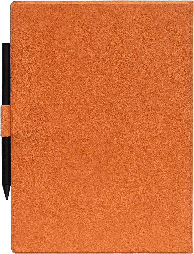 Ein orangefarbenes Notizbuch mit einem schwarzen Stift, der in einer Schlaufe an der Seite steckt.