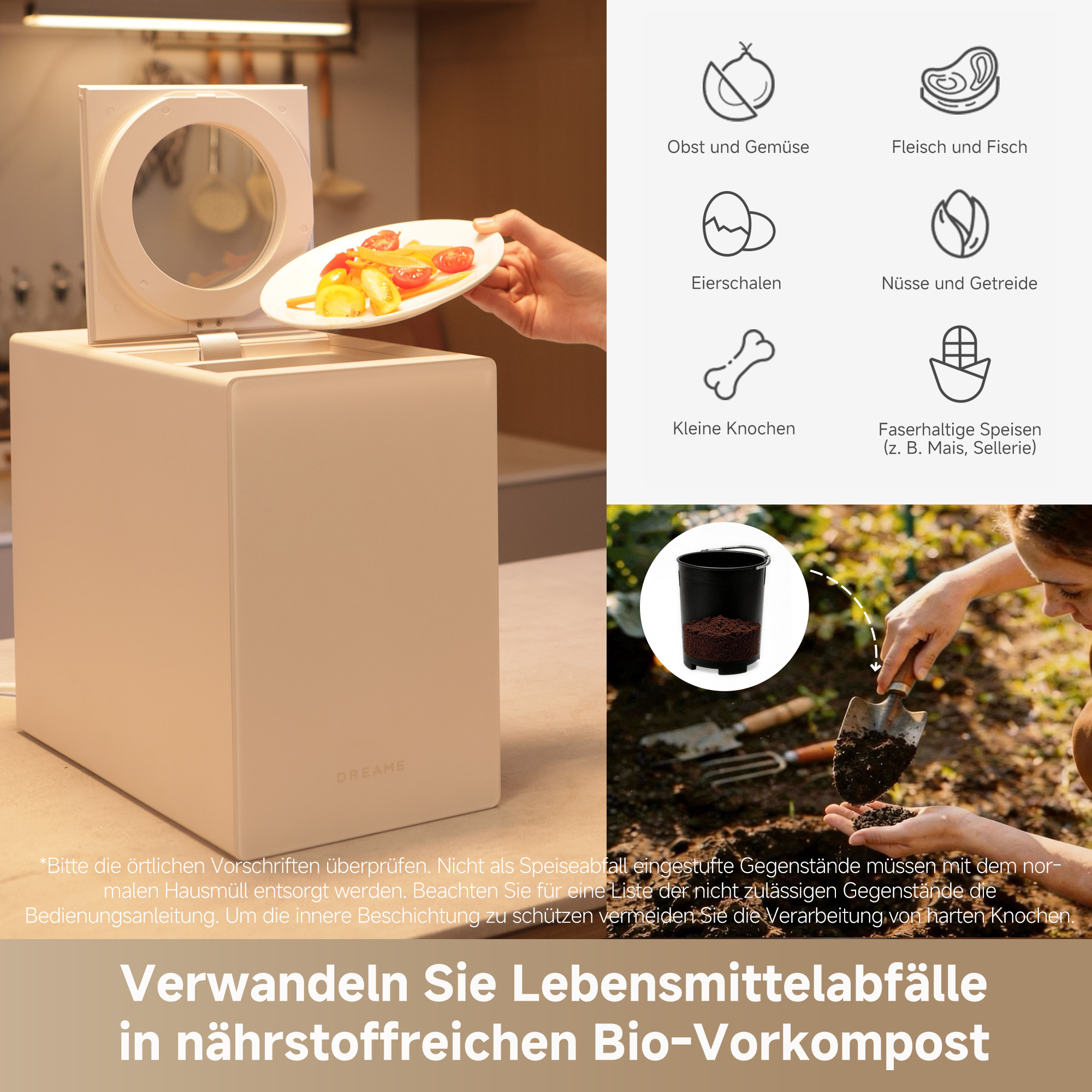 Ein Küchengerät zur Kompostierung mit Symbolen für Obst, Gemüse, Fleisch, Fisch, Eierschalen, Nüsse, Knochen und faserhaltige Speisen.