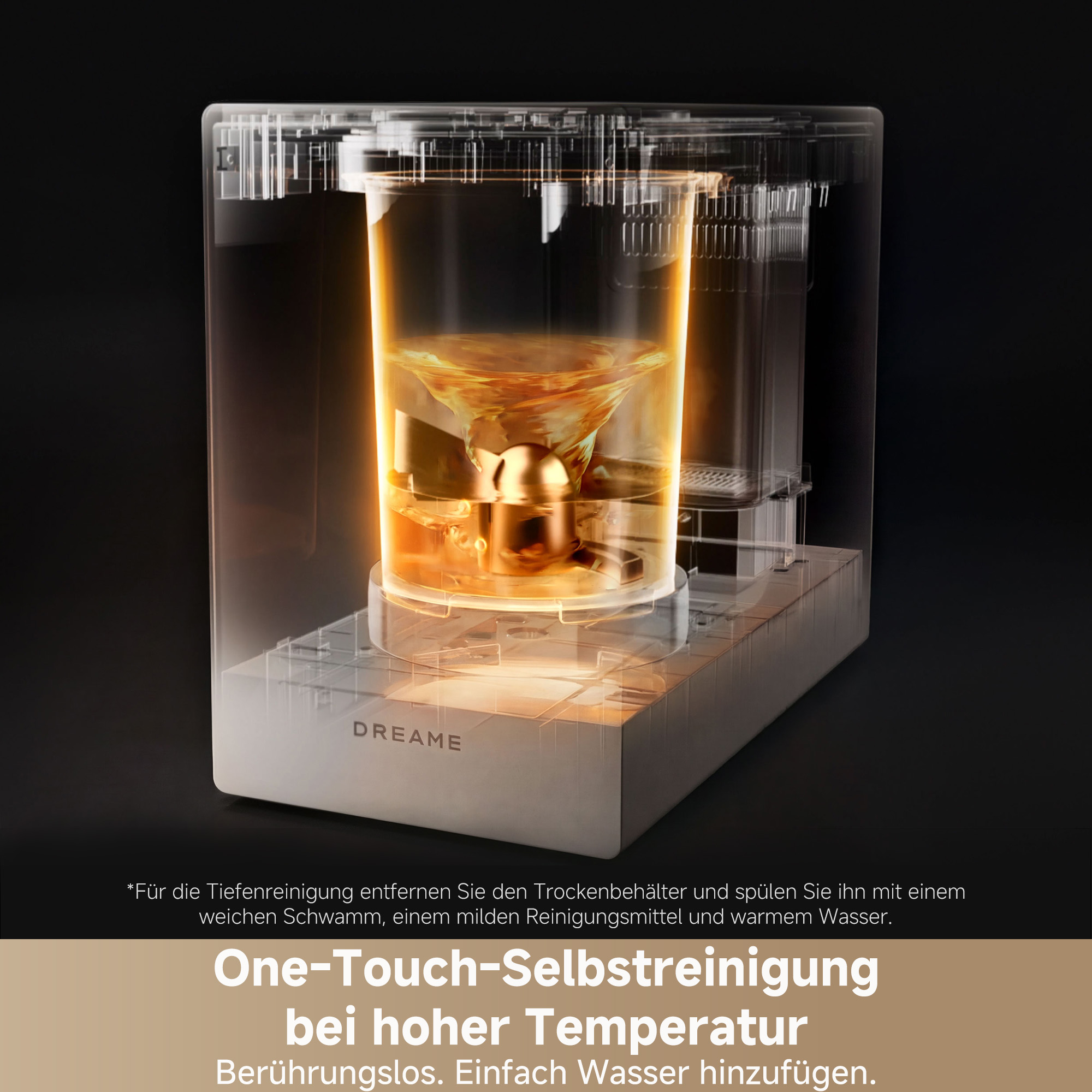 Ein Gerät mit einem transparenten Behälter, in dem sich gelbe Flüssigkeit dreht.