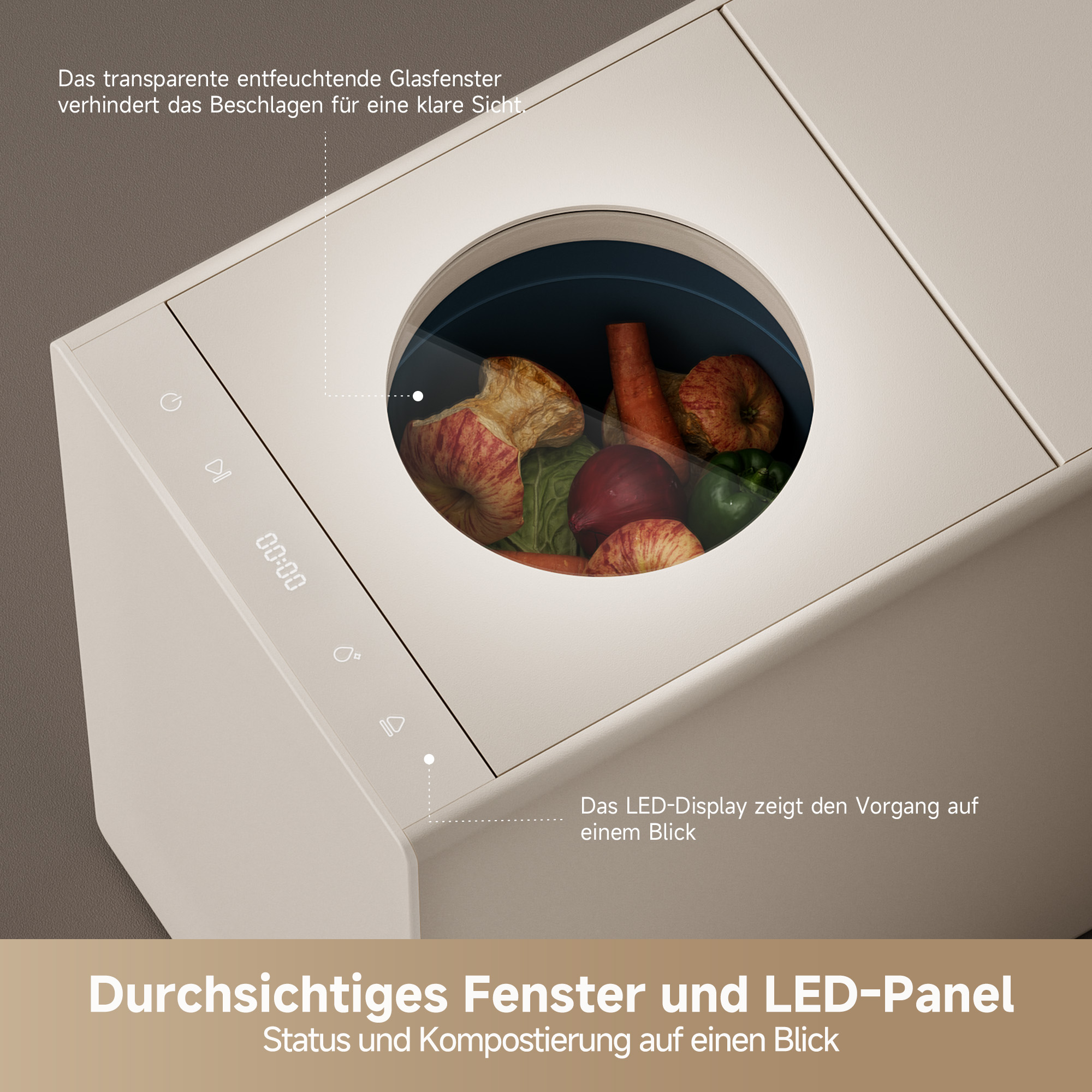 Ein beigefarbener Komposter mit transparentem Fenster, gefüllt mit Obst und Gemüse.