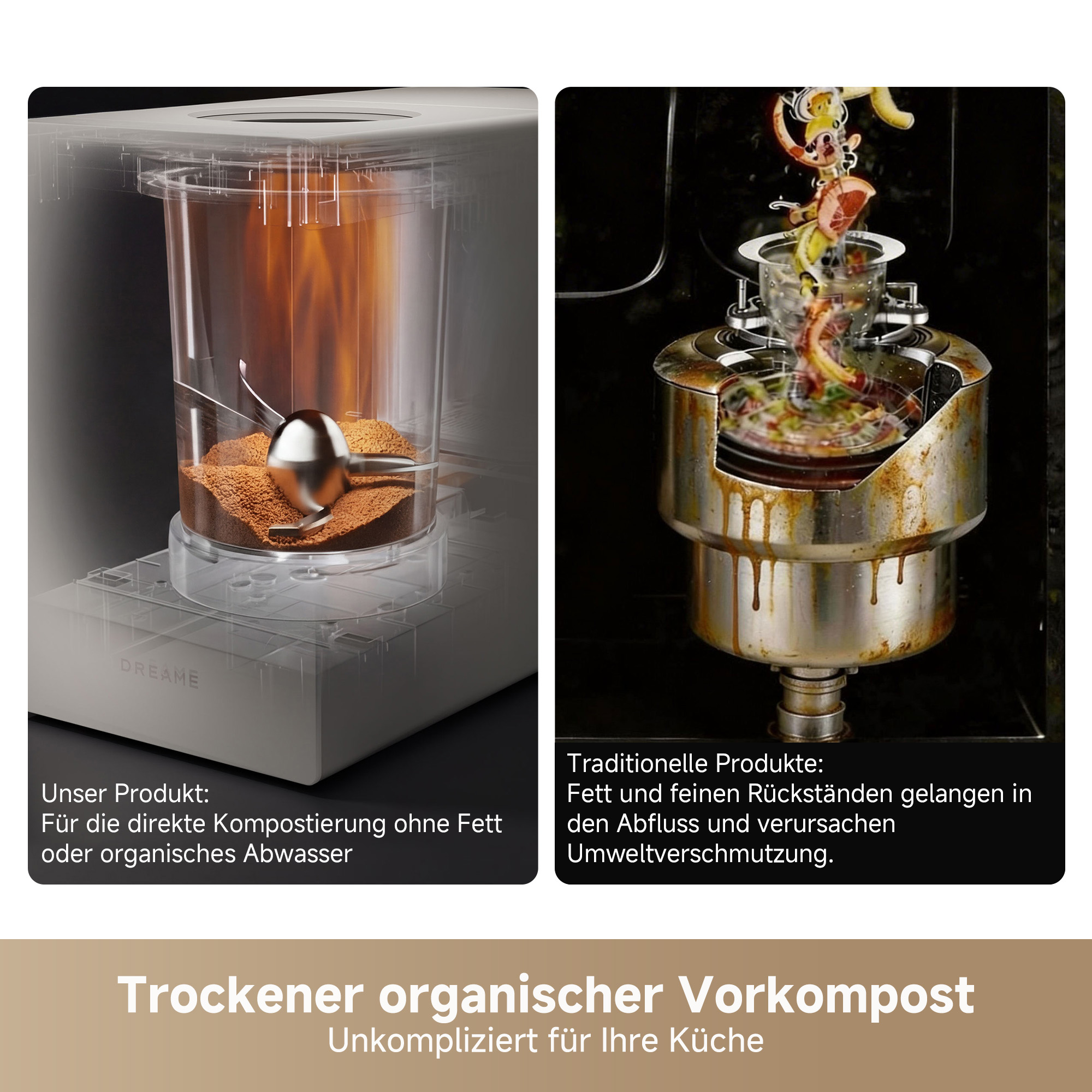 Zwei Kompostierungsgeräte im Vergleich: links sauber, rechts verschmutzt.