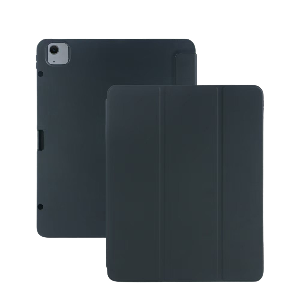 Dunkelgraue Tablet-Hülle, offen und geschlossen, auf weißem Hintergrund.