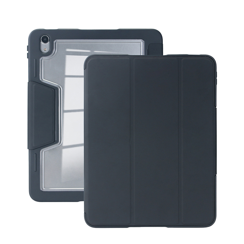 Dunkelgraue Tablet-Hülle mit durchsichtigem Rückteil und Klappdeckel.