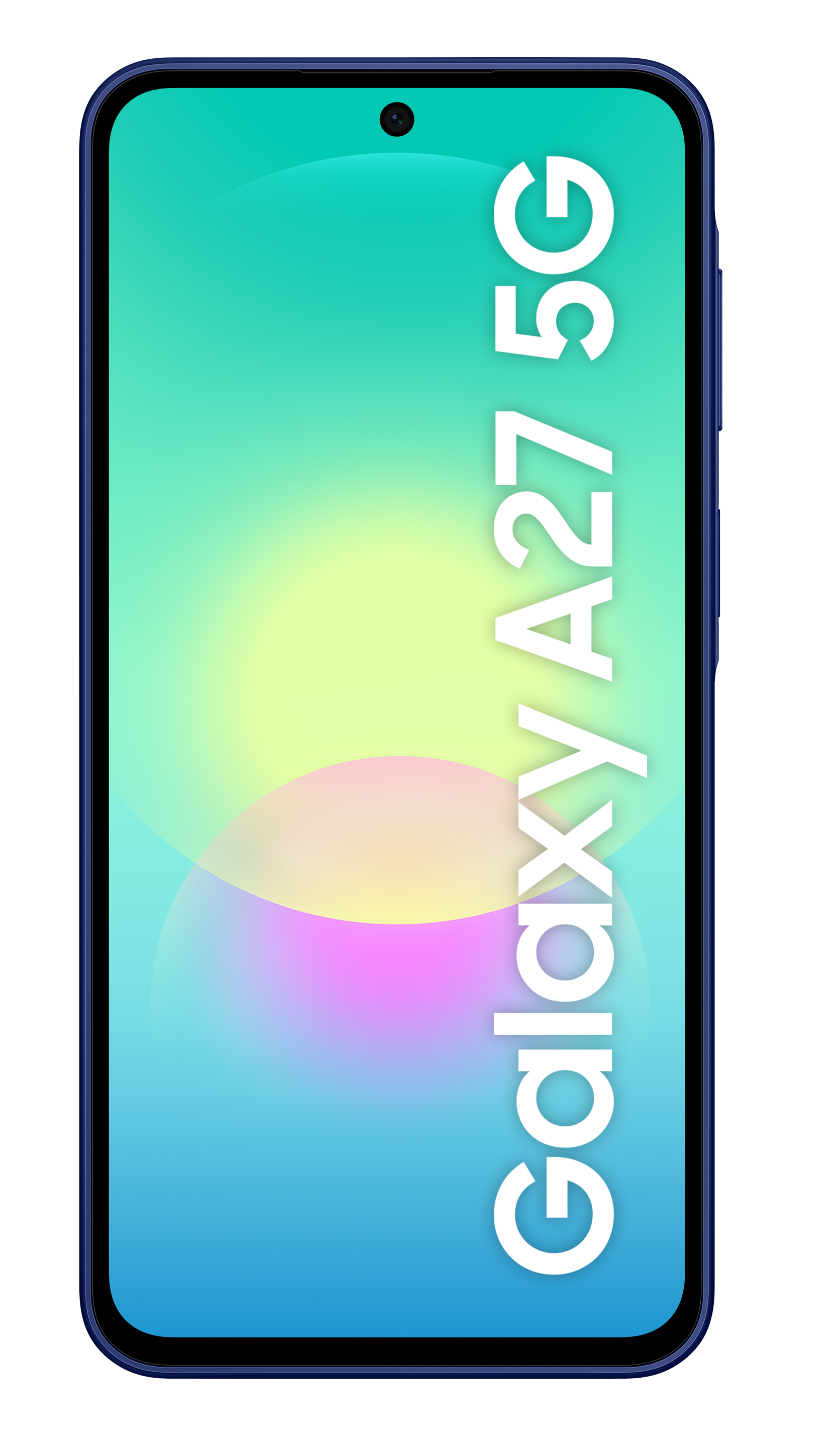 Niebieski smartfon z napisem 'Galaxy A27 5G' na kolorowym tle.