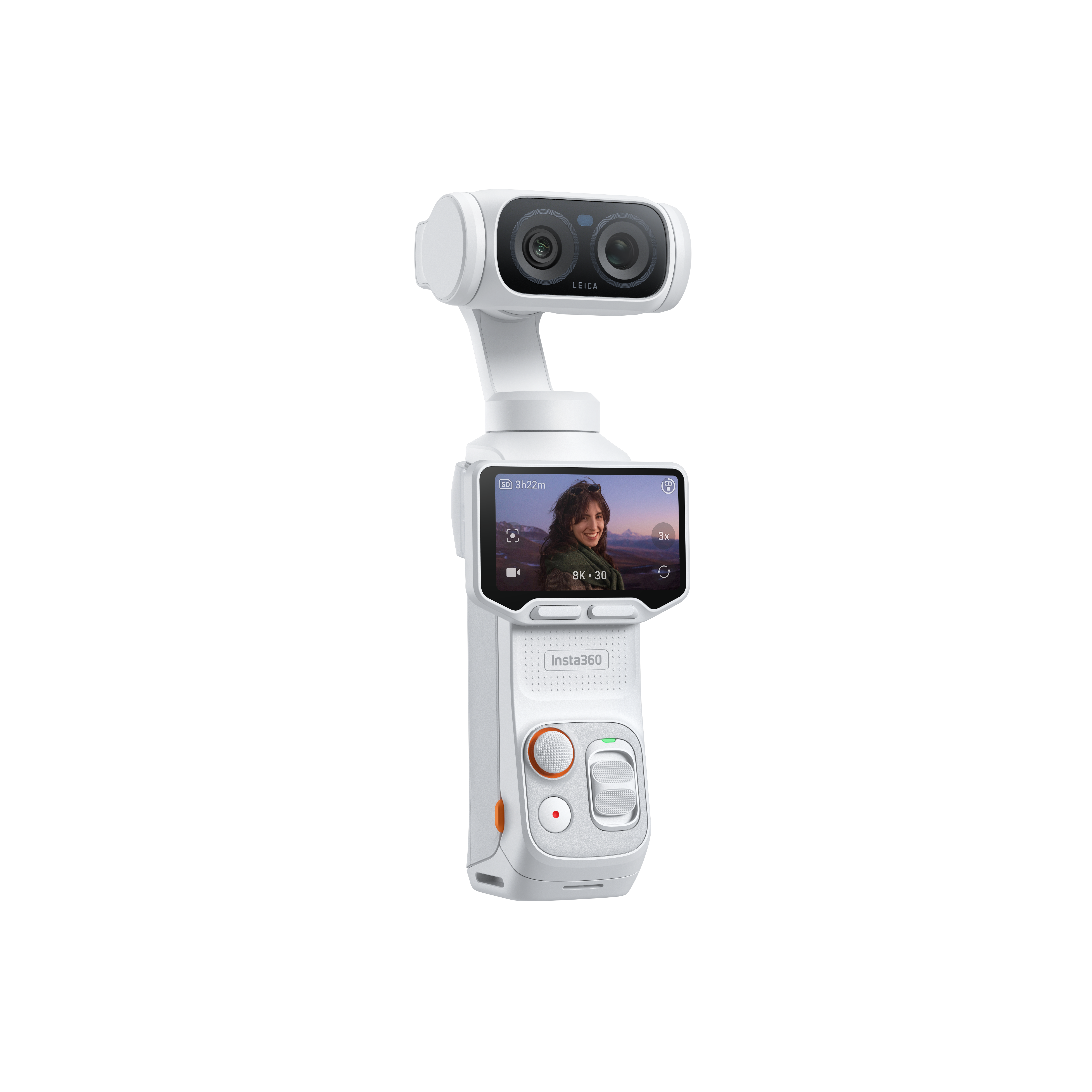 Ein weißer Gimbal mit Doppelobjektivkamera und Bildschirm, der eine Frau zeigt.