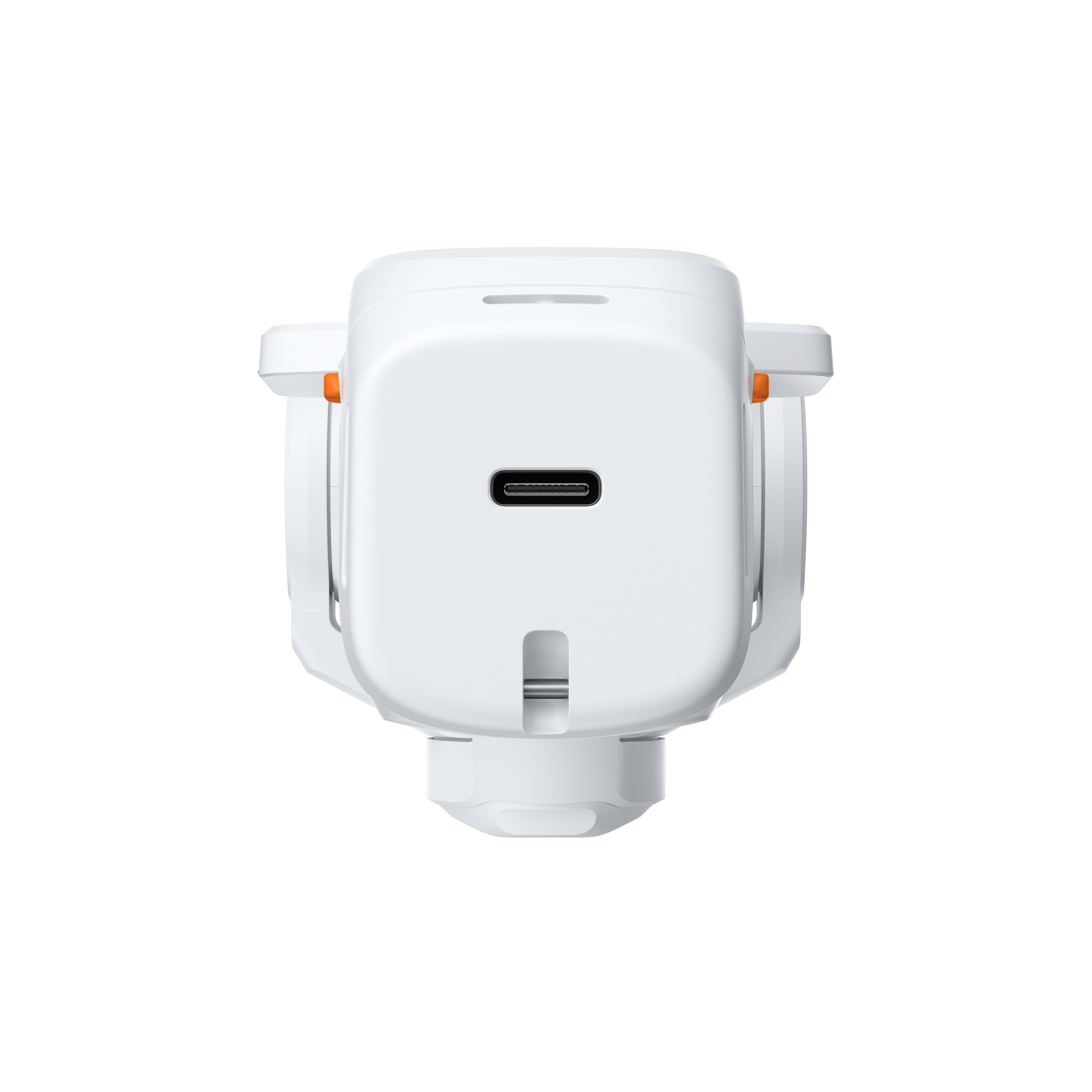 Ein weißes Gerät mit USB-C-Anschluss und orangen Akzenten.
