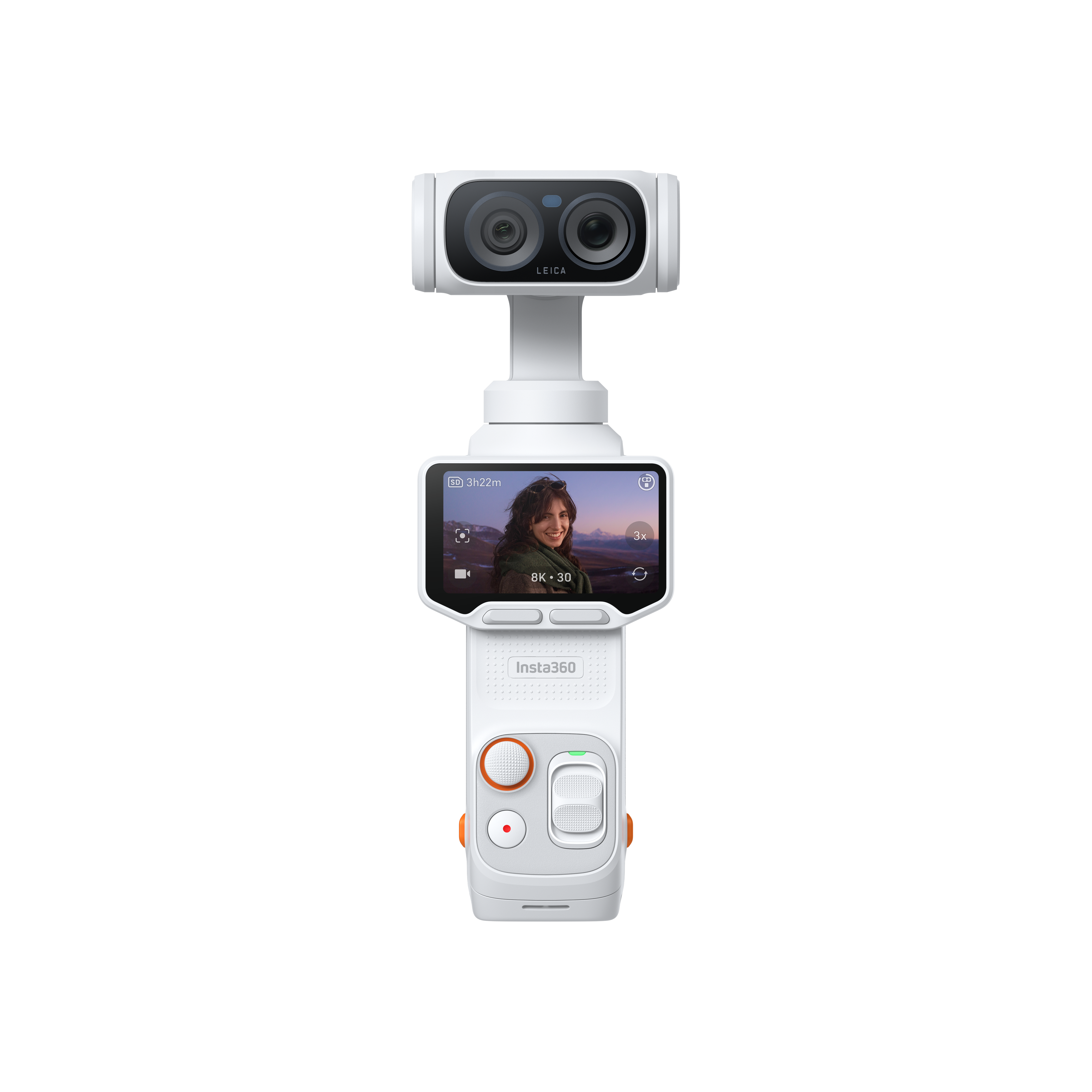 Ein weißer Insta360 Gimbal mit zwei Objektiven, einem Touchscreen und Bedienelementen.