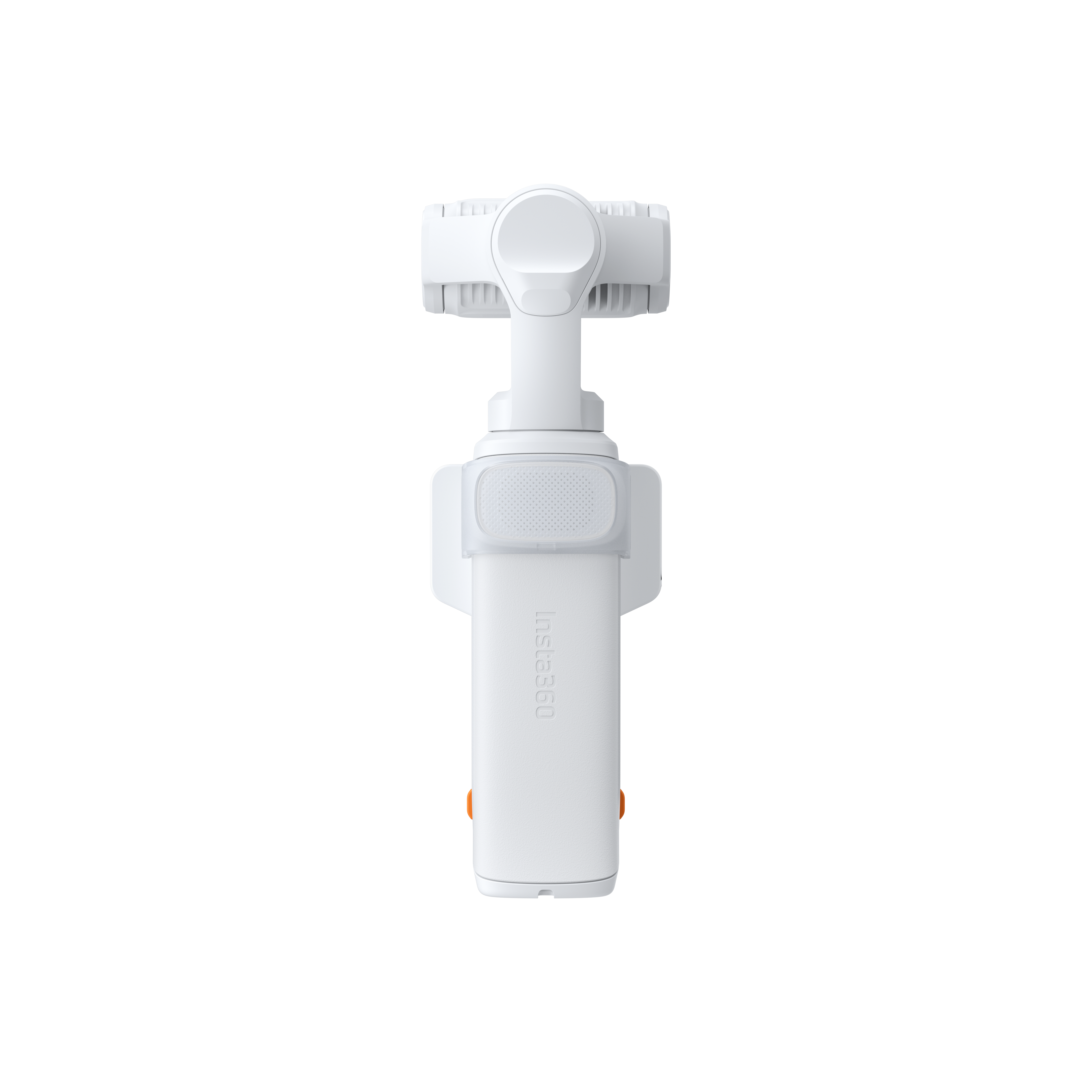 Ein weißer Gimbal mit dem Logo "Insta360" und orangefarbenen Akzenten.