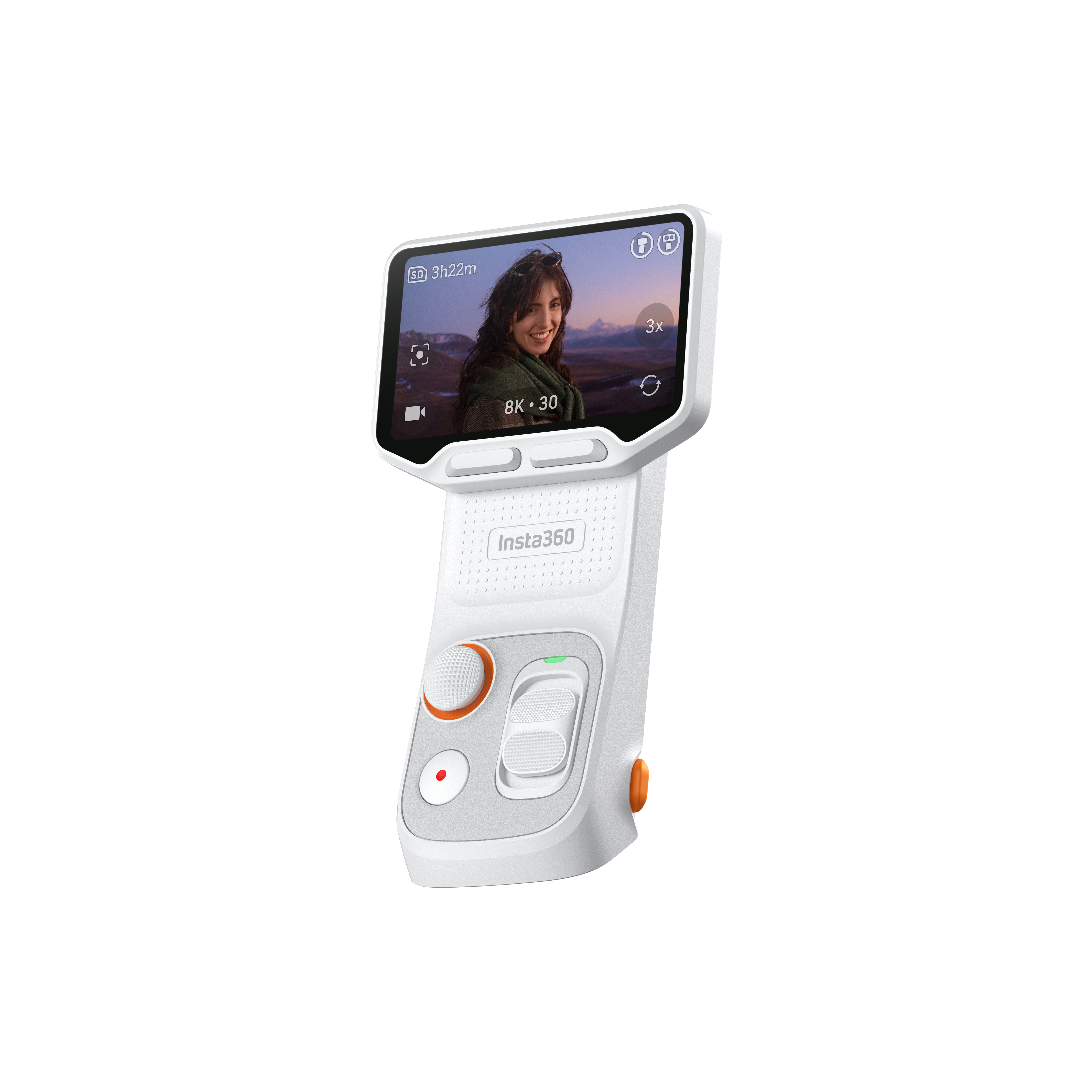 Ein weißer Insta360-Kamera-Griff mit Bildschirm, der eine Frau zeigt.
