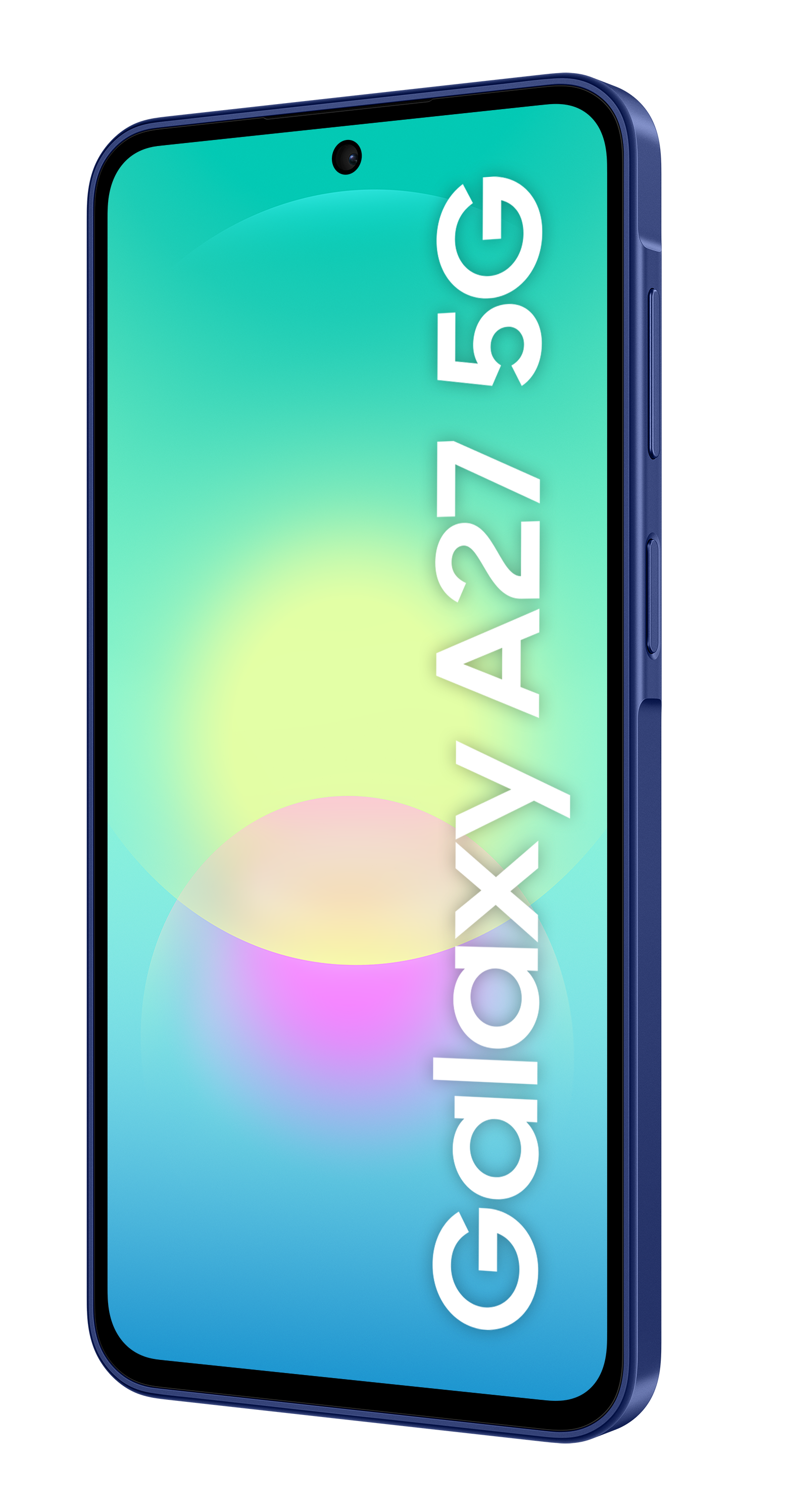 Niebieski smartfon z napisem "Galaxy A27 5G" na ekranie.