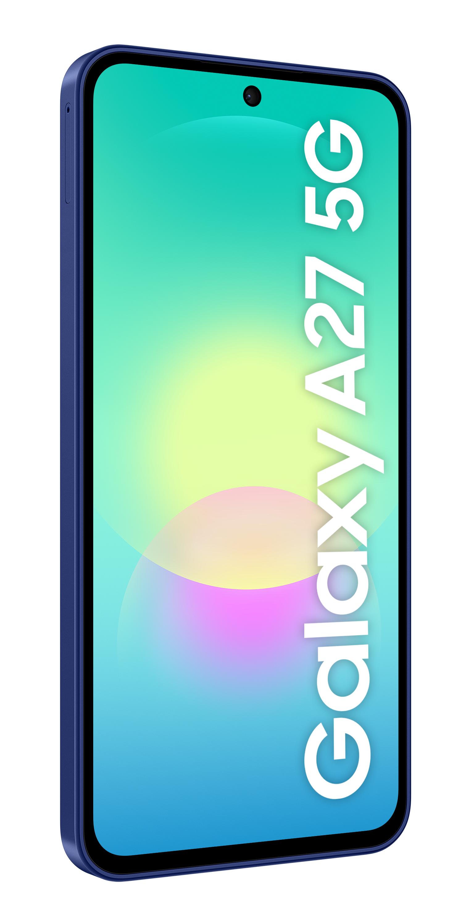 Niebieski smartfon z napisem Galaxy A27 5G na tle gradientu.