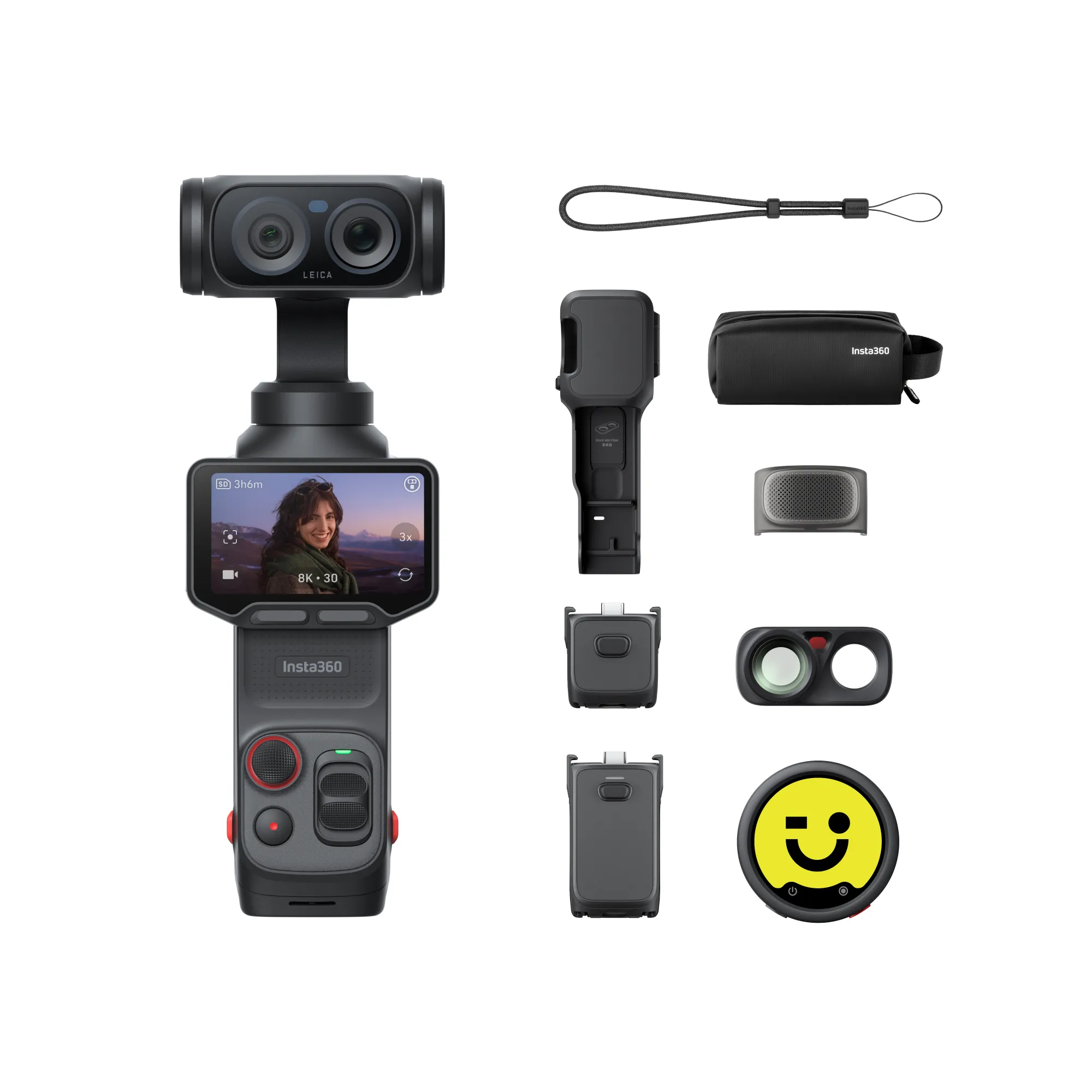 Ein schwarzer Insta360 Gimbal mit Leica-Kamera, Bildschirm, Zubehör und Aufbewahrungstasche.