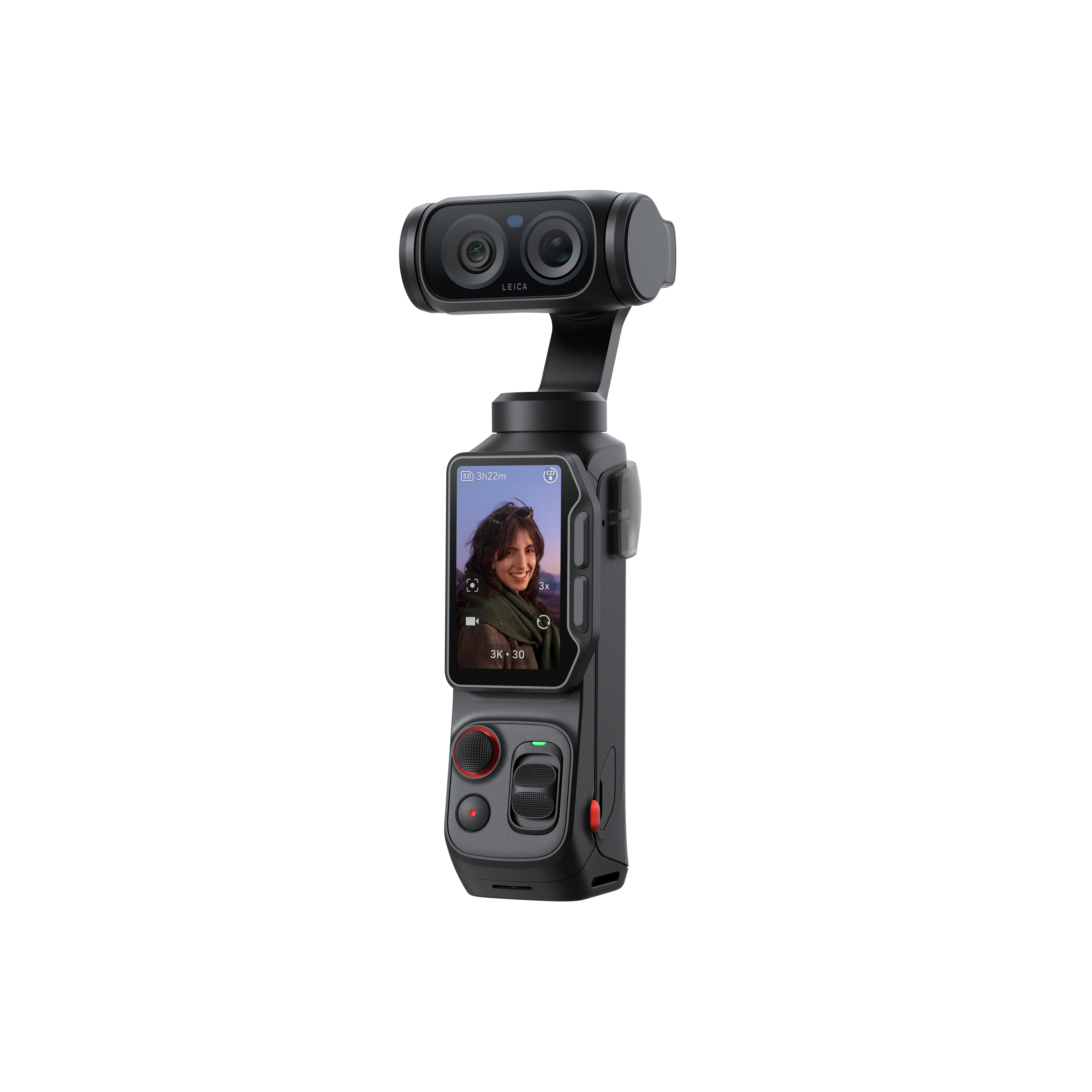 Ein schwarzer Gimbal mit zwei Kameras und einem Bildschirm, der eine Frau zeigt.