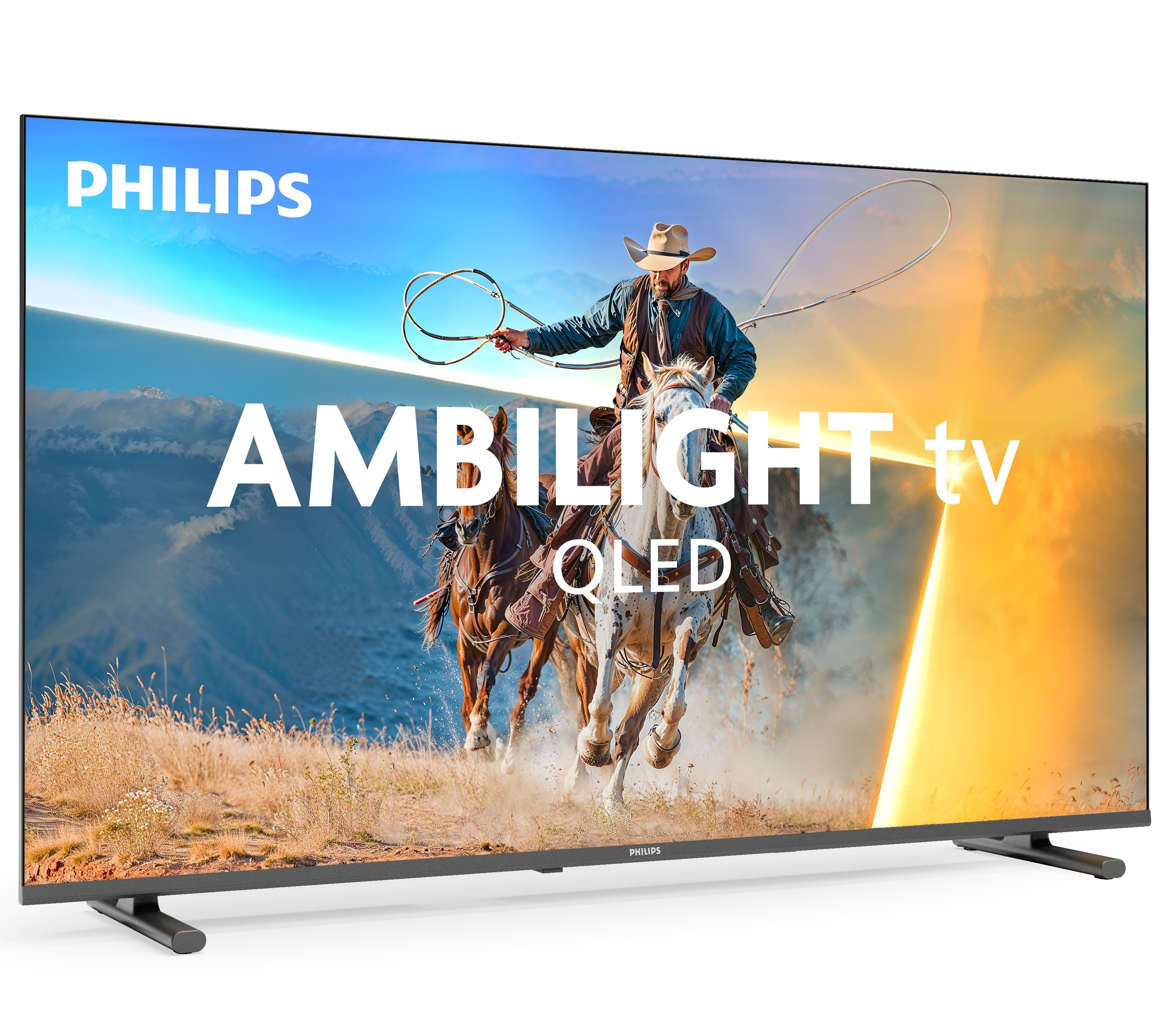 TV Philips Ambilight con un vaquero a caballo, lanzando un lazo. Montañas al fondo.