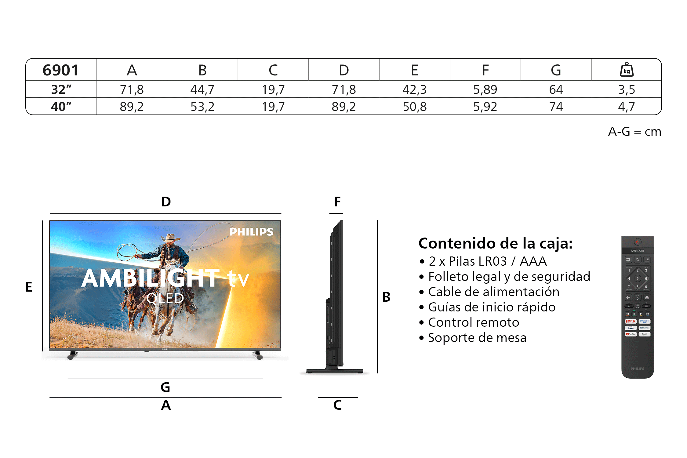 Dimensiones técnicas e imágenes del producto de un televisor.
