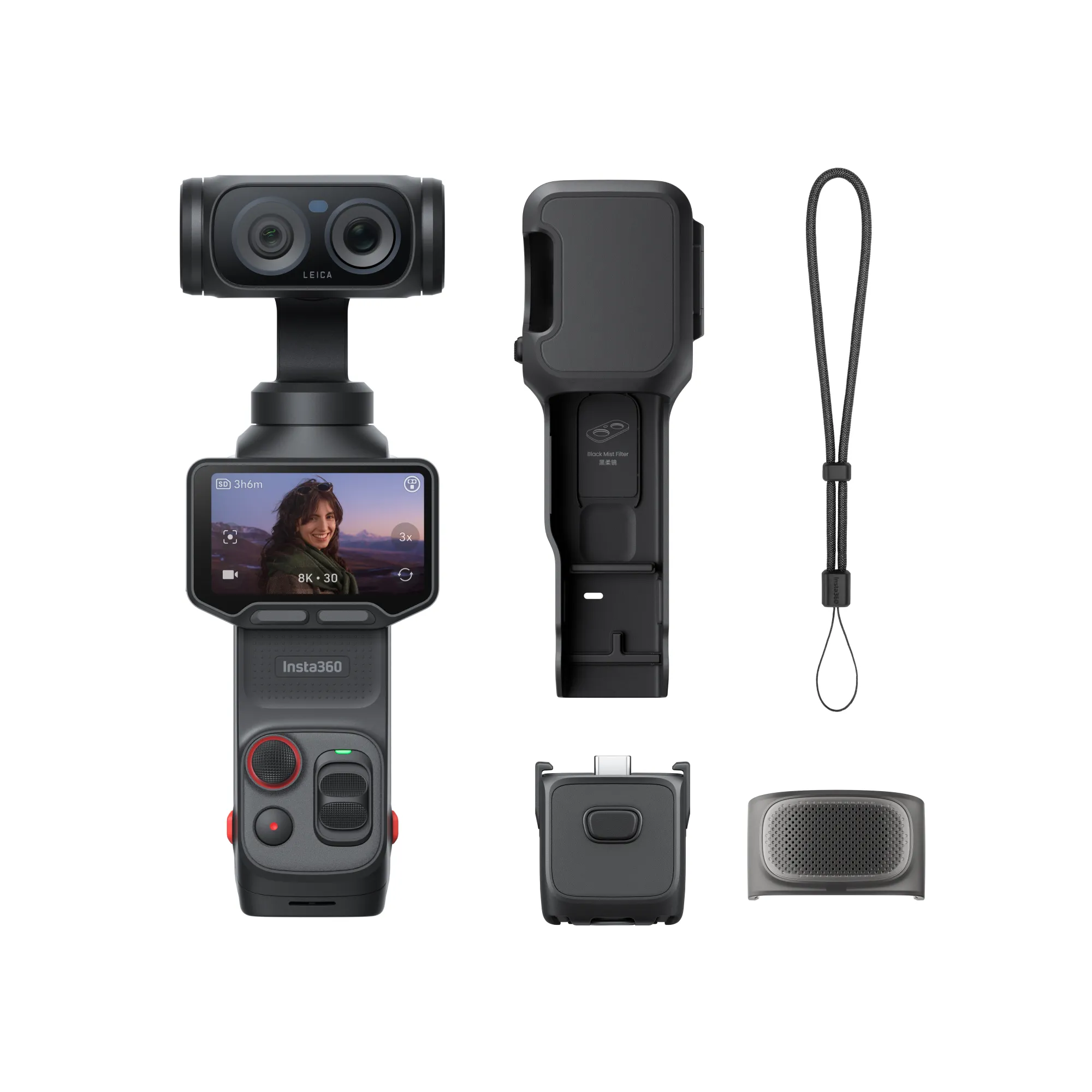 Ein schwarzes Kamera-Gimbal-Set mit Zubehör auf weißem Hintergrund.