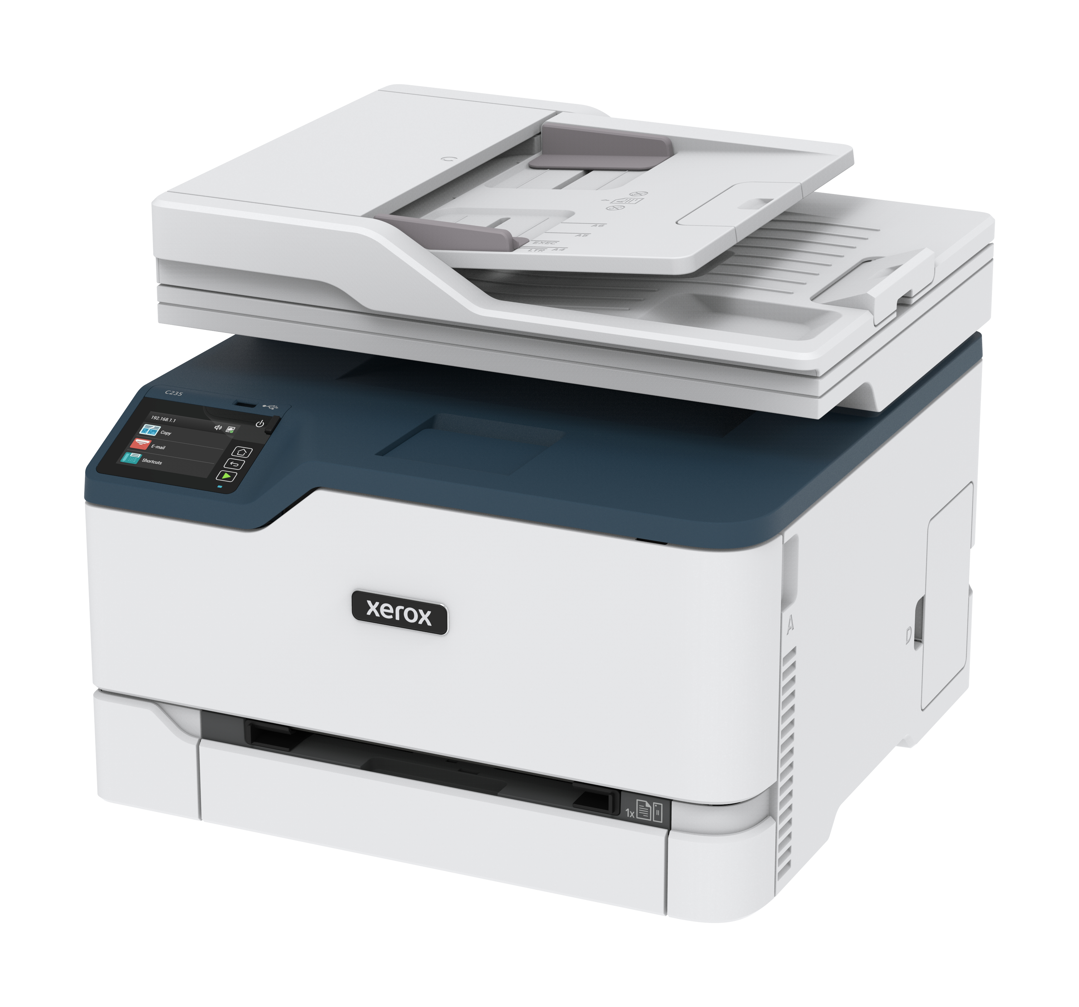 Biała drukarka Xerox z niebieską obudową górną i skanerem.