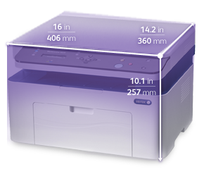 Biała drukarka Xerox o wymiarach: 406 mm szerokości, 360 mm głębokości, 257 mm wysokości.