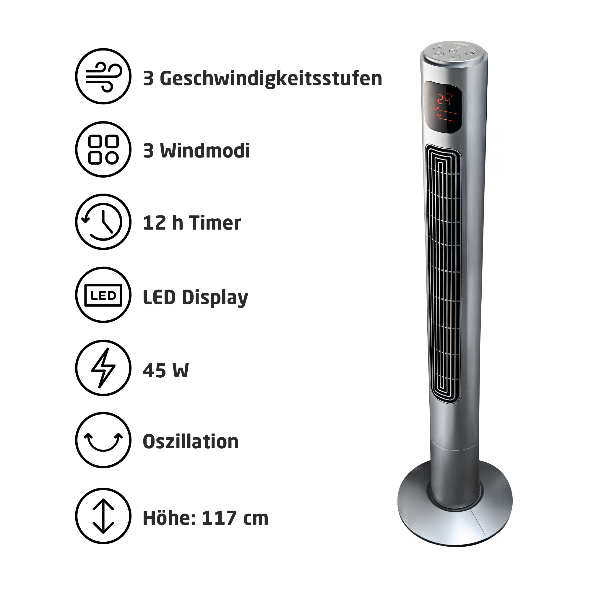 Silberner Turmventilator mit LED-Display, 3 Geschwindigkeiten, 3 Windmodi, 12h Timer, 45W, Oszillation, 117cm.