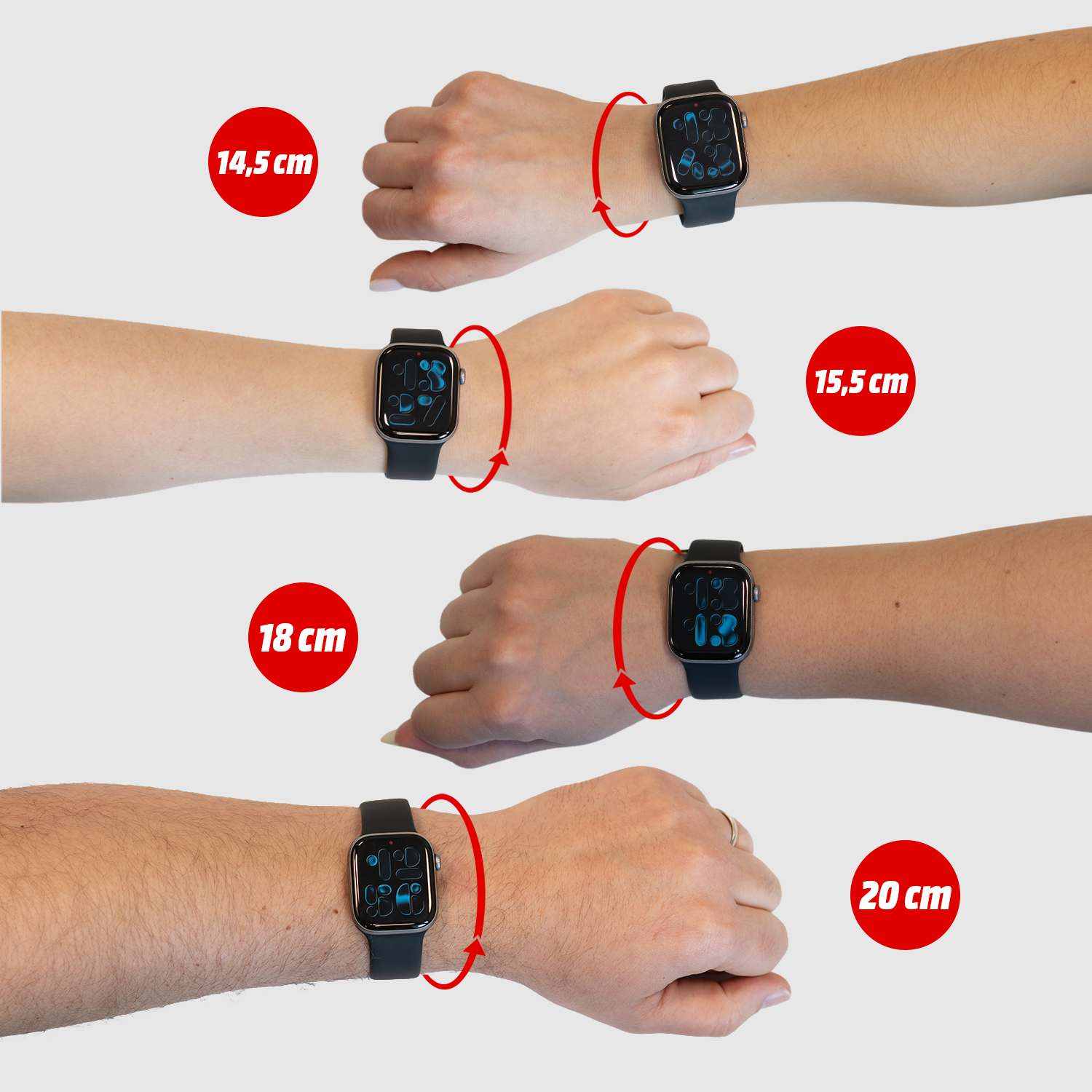 Vier polsen met horloges, maten 14,5 cm tot 20 cm, met rode cirkelmarkers.