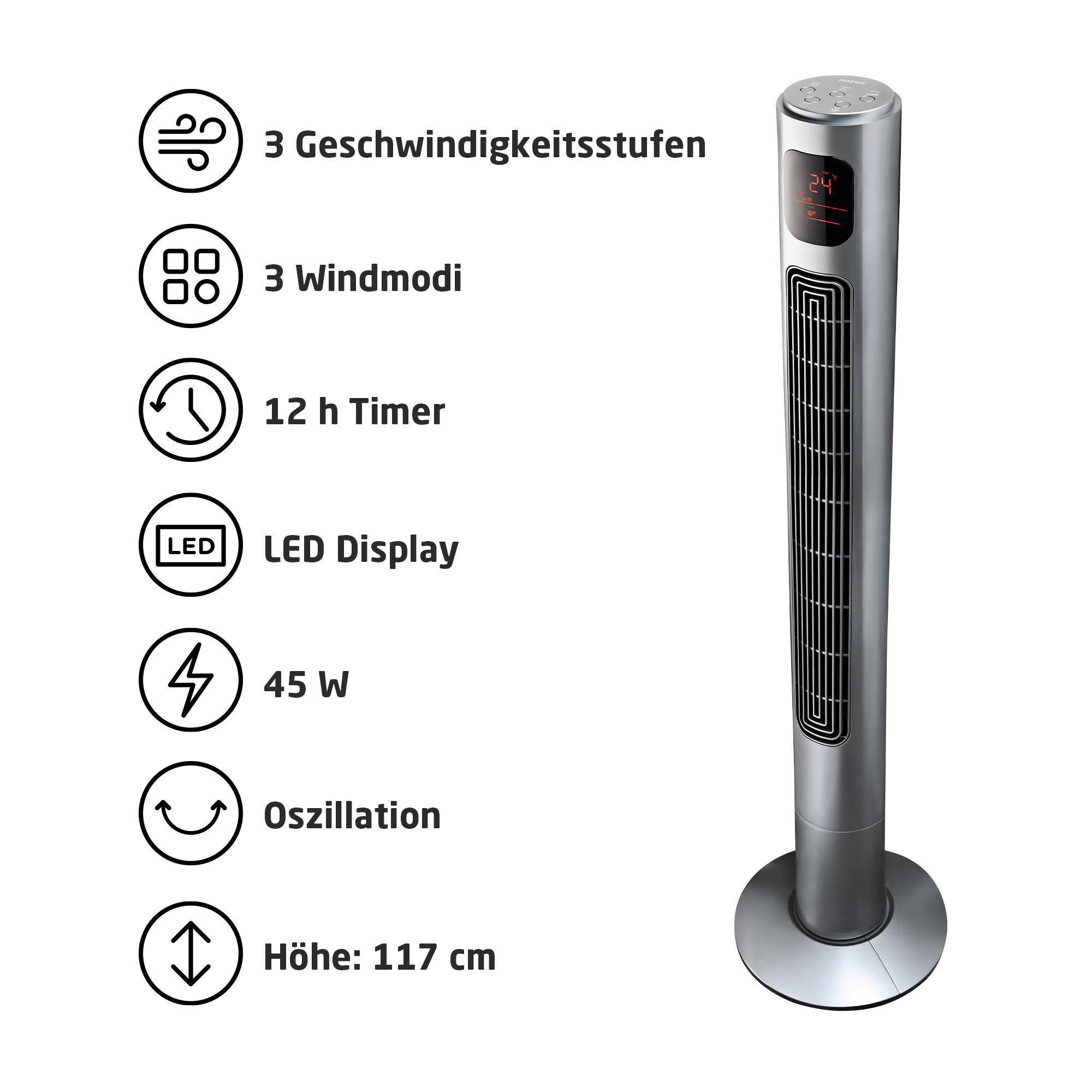 Ein schlanker, silberner Turmventilator mit LED-Anzeige und Bedienelementen.