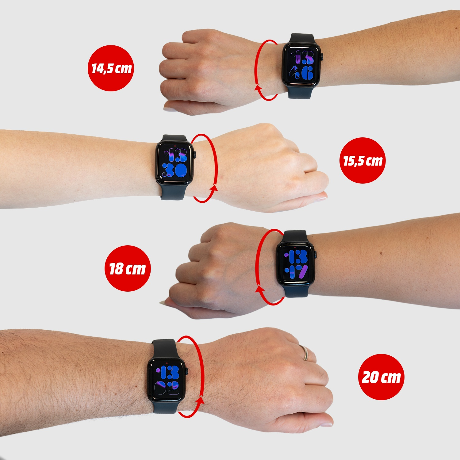 Vier armen met smartwatches, die verschillende polsmaten tonen.