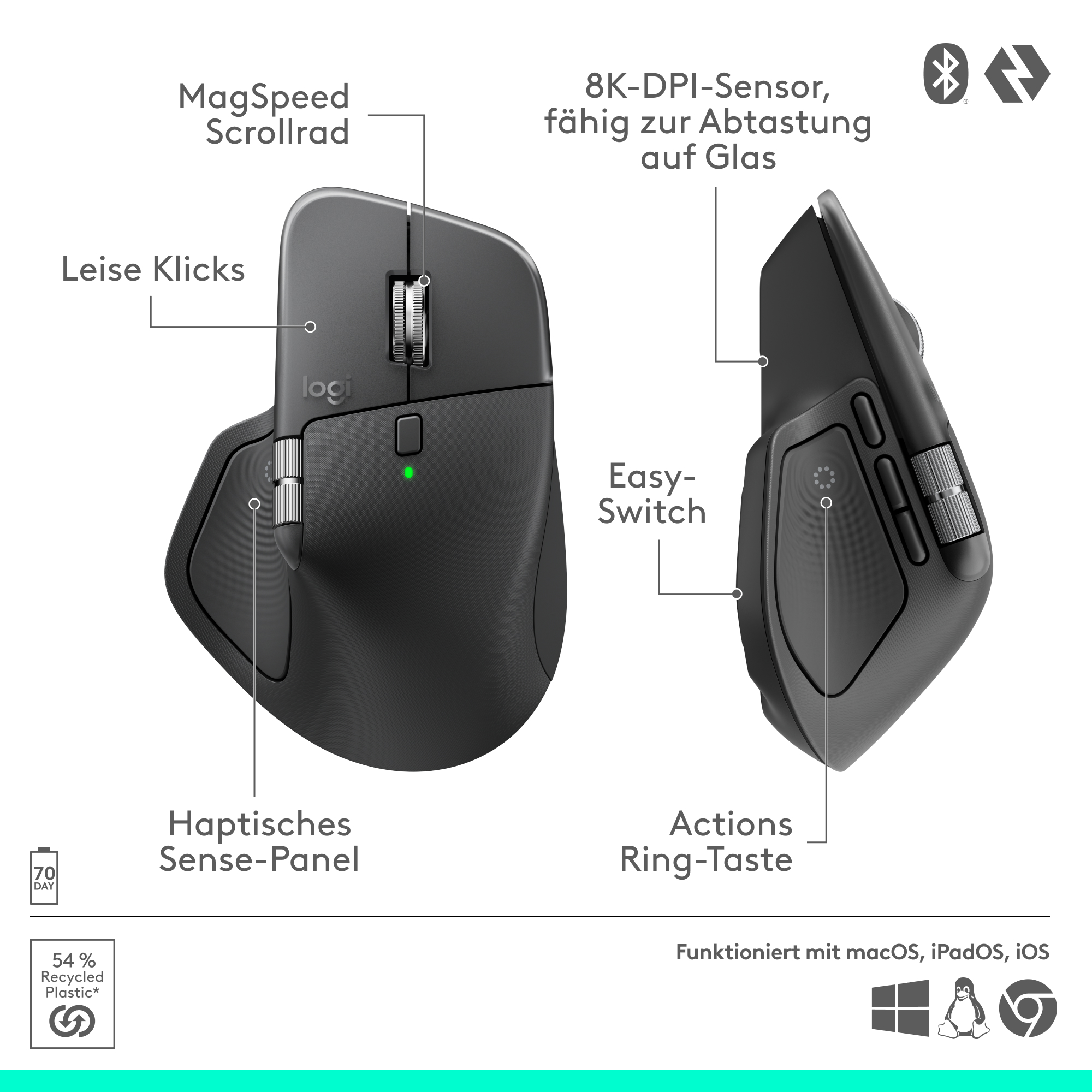 Logitech Maus mit Scrollrad, Tasten und Haptik. Kompatibel mit macOS, iPadOS, iOS.