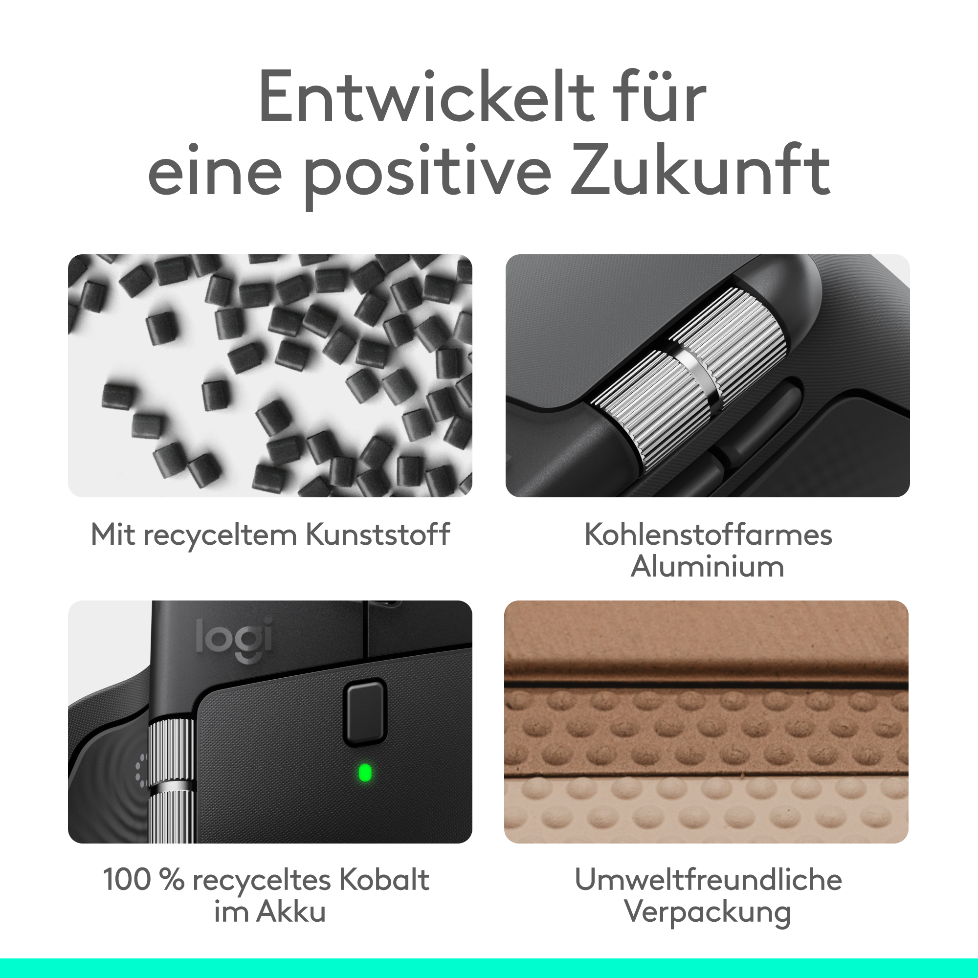 Vier Bilder zeigen recycelten Kunststoff, Aluminium, einen Akku und Verpackung.