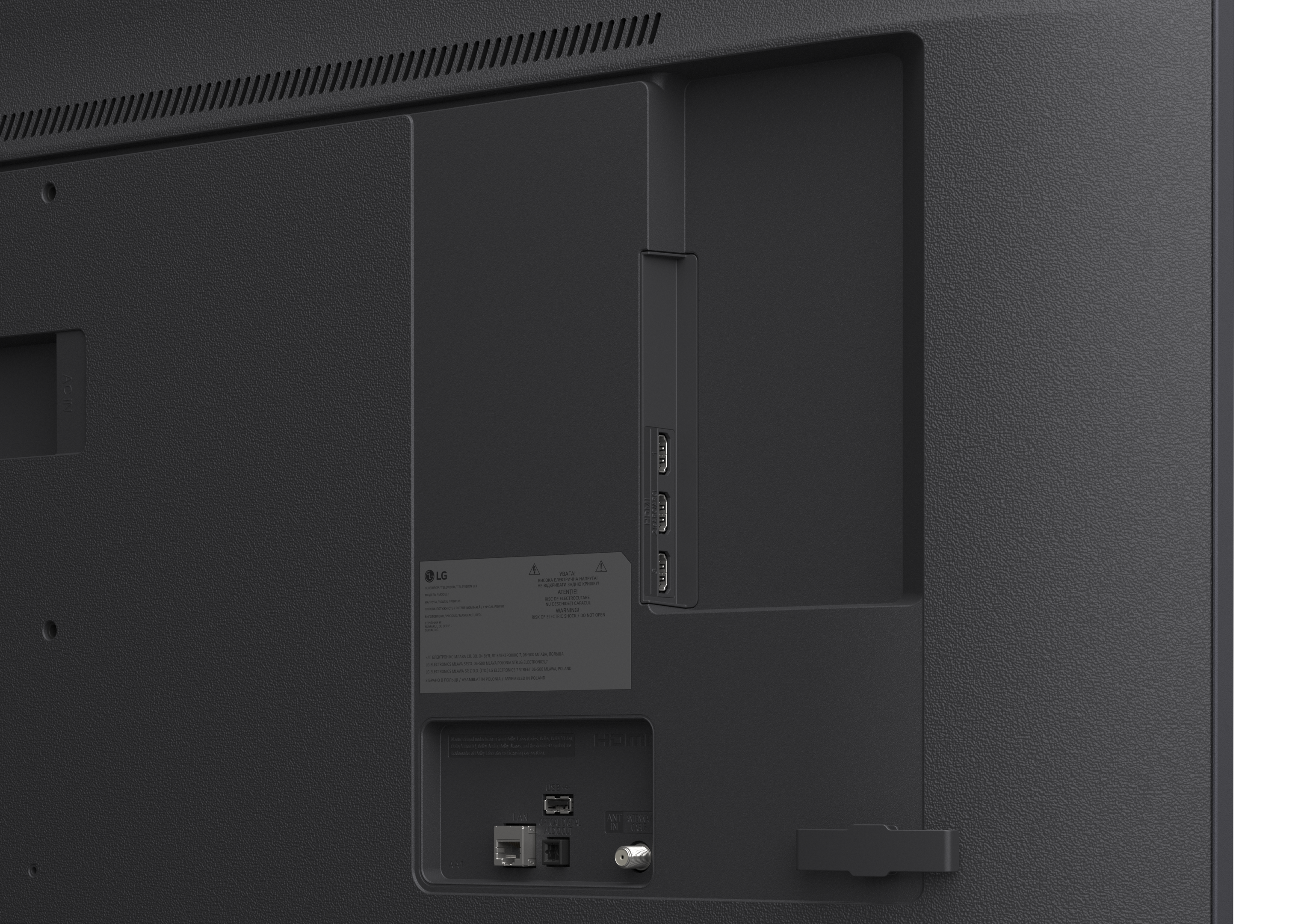 Tył telewizora z portami: HDMI, USB, LAN i antena.