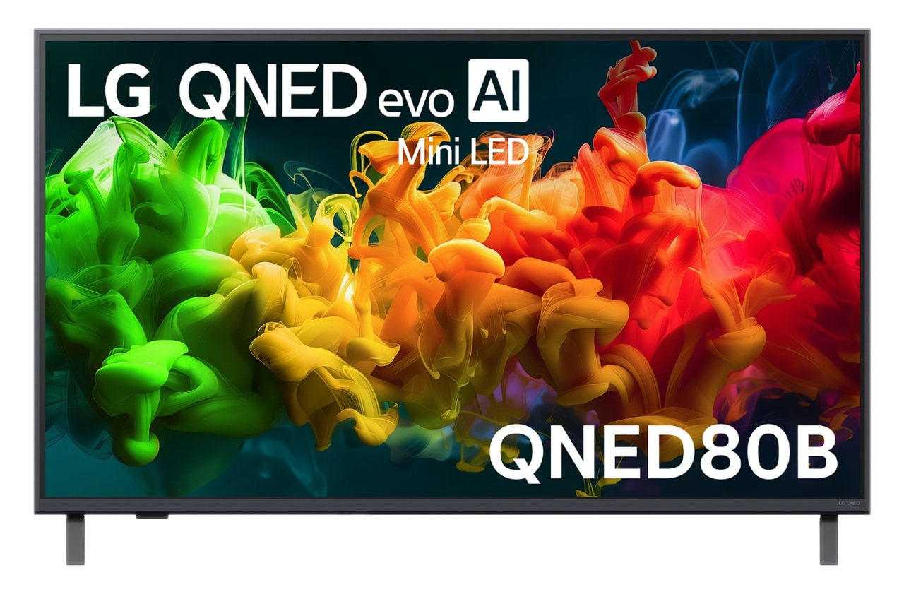 Telewizor LG QNED evo AI Mini LED wyświetla jaskrawe chmury tuszu w kolorach czerwonym, żółtym i zielonym.