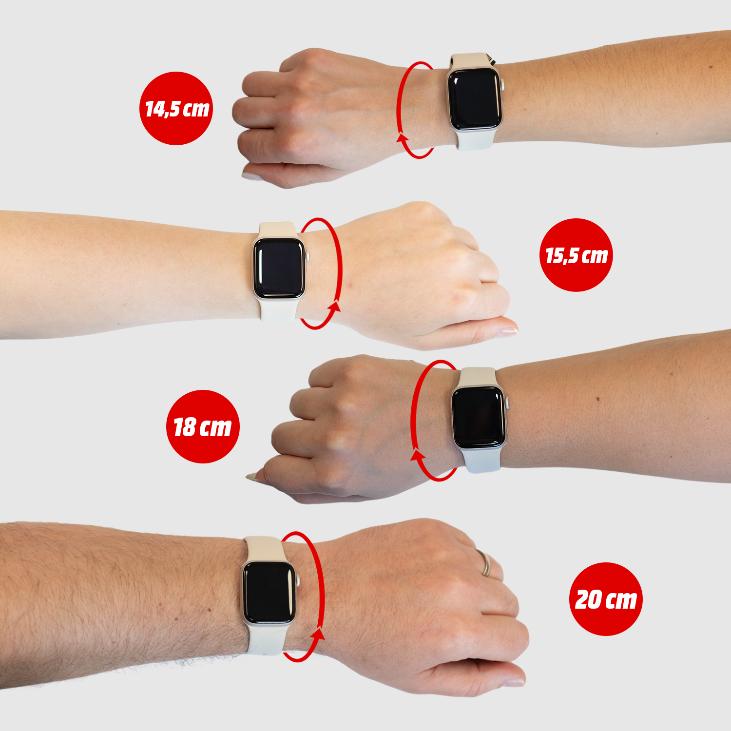 Vier armen met smartwatches in verschillende maten, elk met maatindicatie.