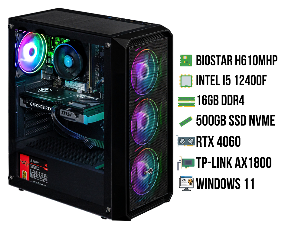 A black PC case with RGB fans, RTX 4060, and component list.
