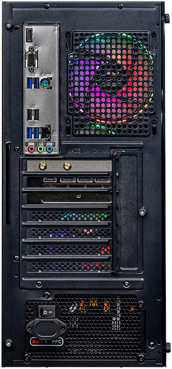 Back of a computer tower with ports, fan with RGB lighting, and power switch.