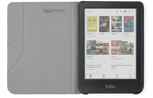Czytnik Rakuten Kobo z otwartą szarą okładką, pokazujący okładki książek na ekranie.