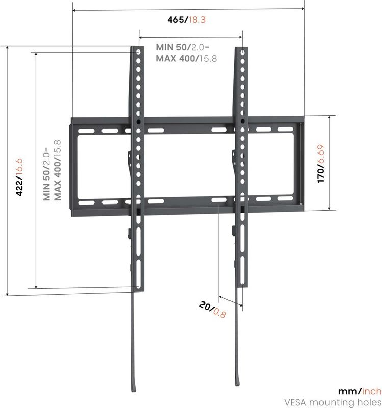 Szürke TV-tartó méretekkel és VESA furatokkal. Ma: 422mm, Sz: 465mm.