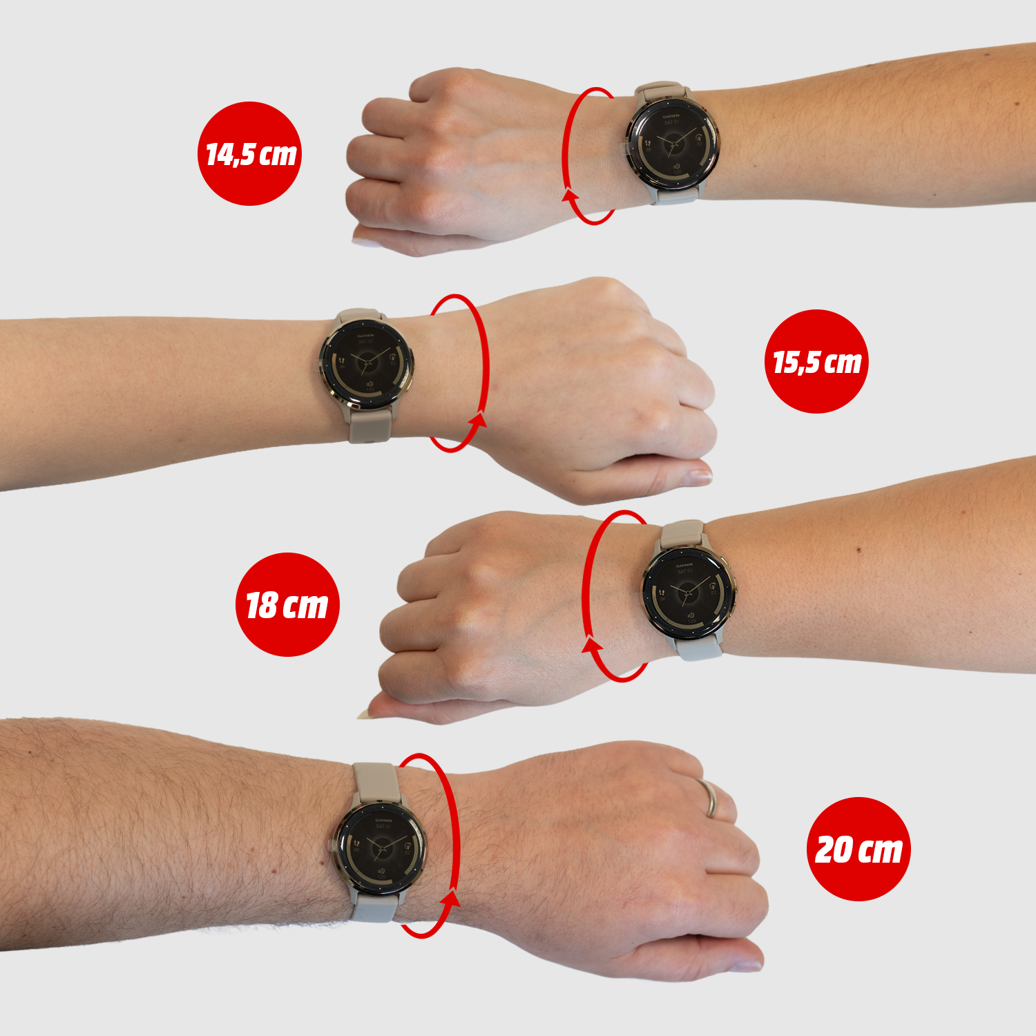 Polsbandhorloges in verschillende maten (14,5 cm tot 20 cm) om polsen.