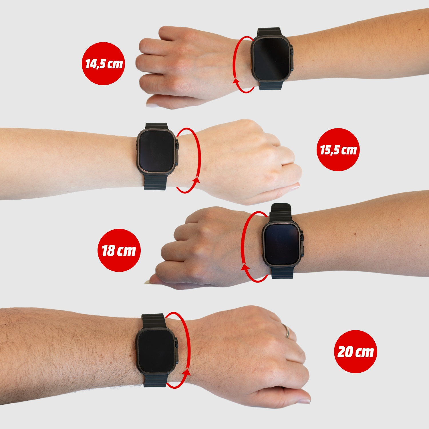 Polsenhorloges in verschillende maten: 14,5 cm, 15,5 cm, 18 cm, 20 cm.