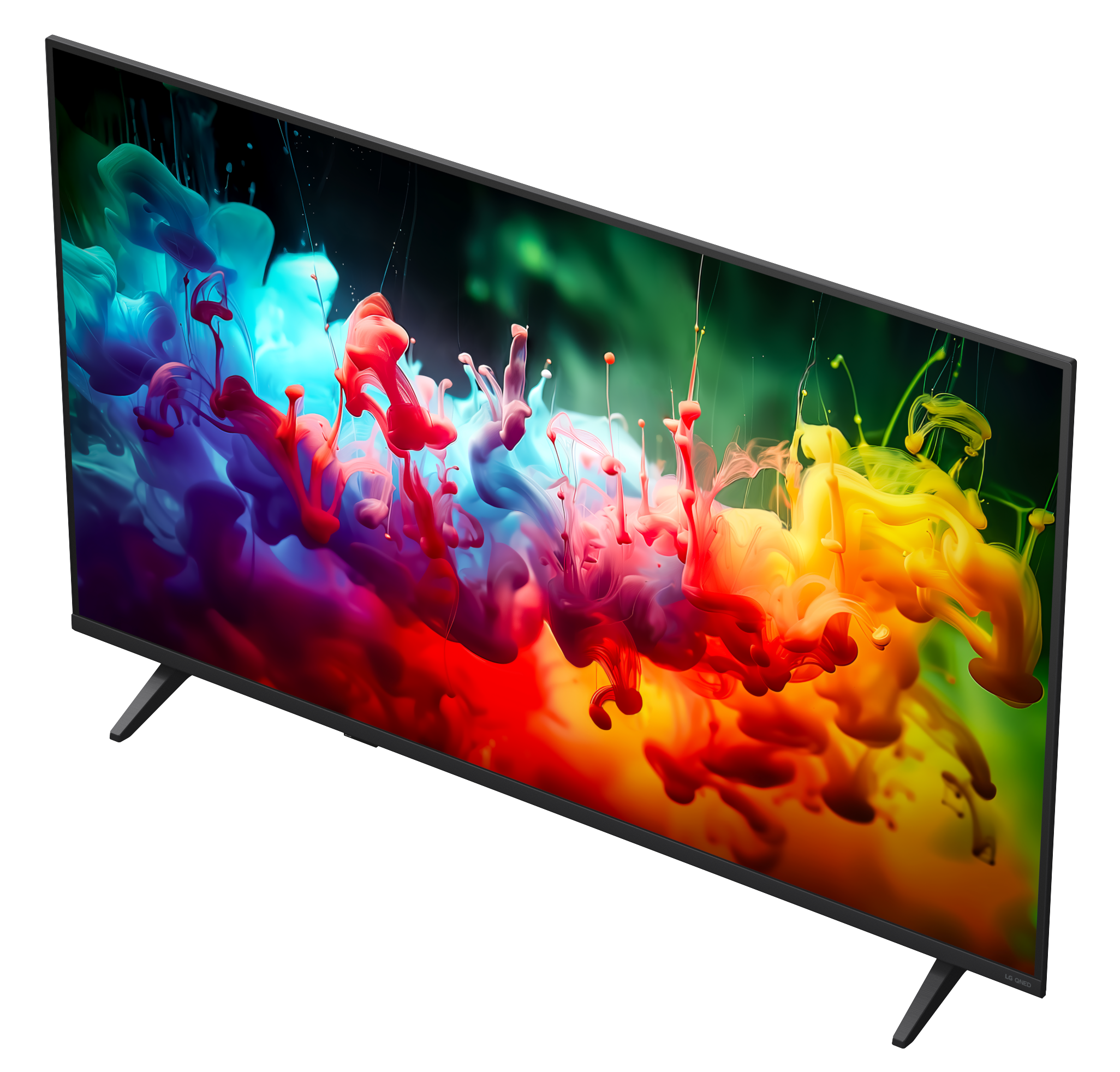 Nowoczesny telewizor wyświetlający dynamiczny wzór plam atramentu na ekranie.