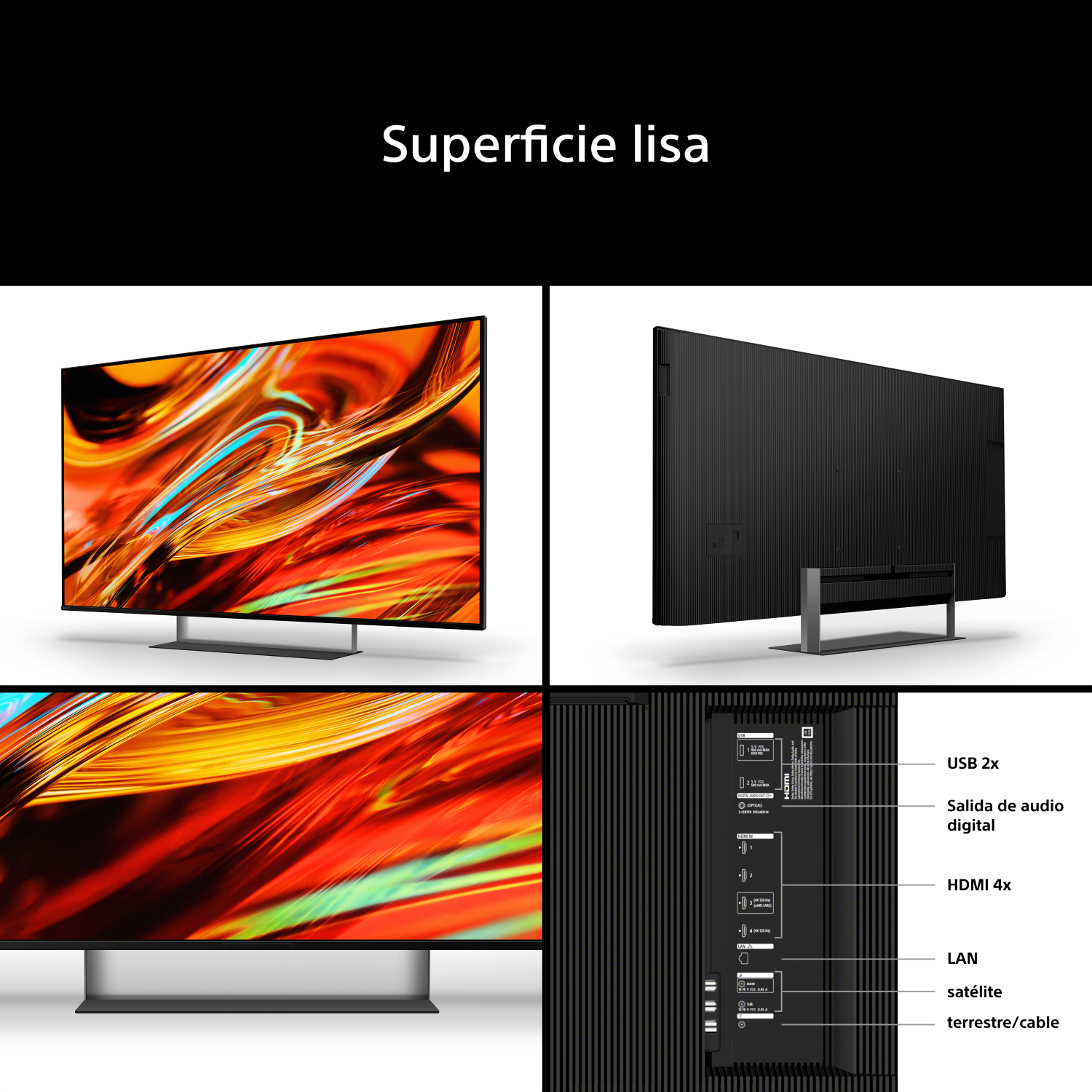 Superficie lisa: 2x USB, Salida audio digital, 4x HDMI, LAN, Satélite, Terrestre/Cable.