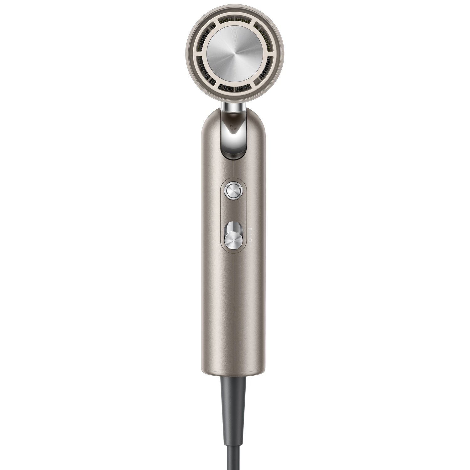 A gray shower head with a handle and buttons, white background.