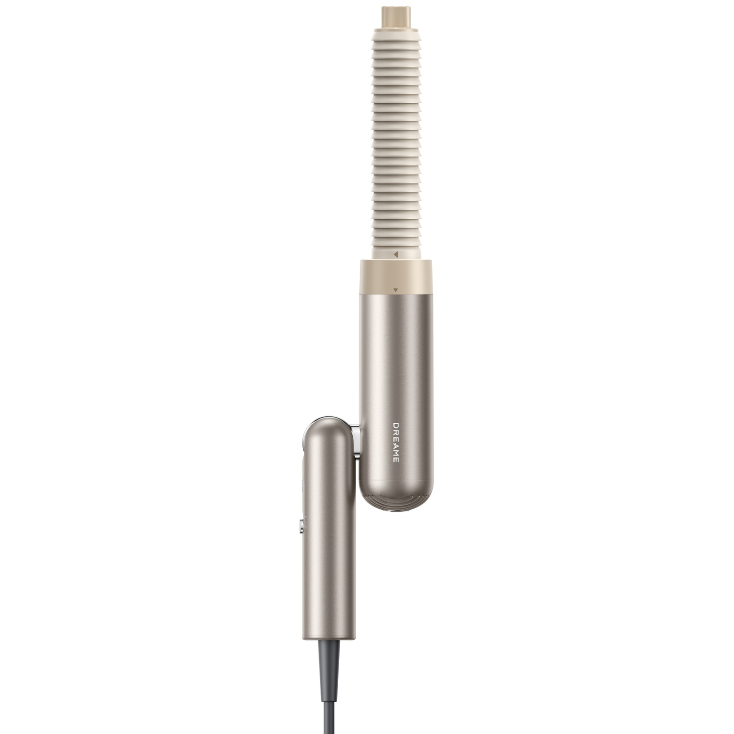 A silver hair straightener with a white ribbed handle on a white background.