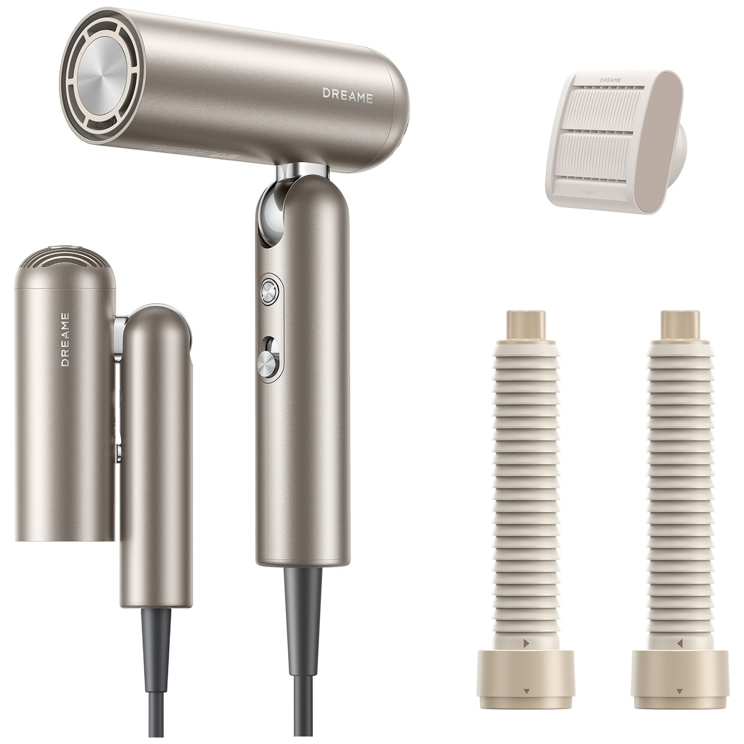 A metallic grey hairdryer with attachments: diffuser, concentrator nozzle, and two air vents.