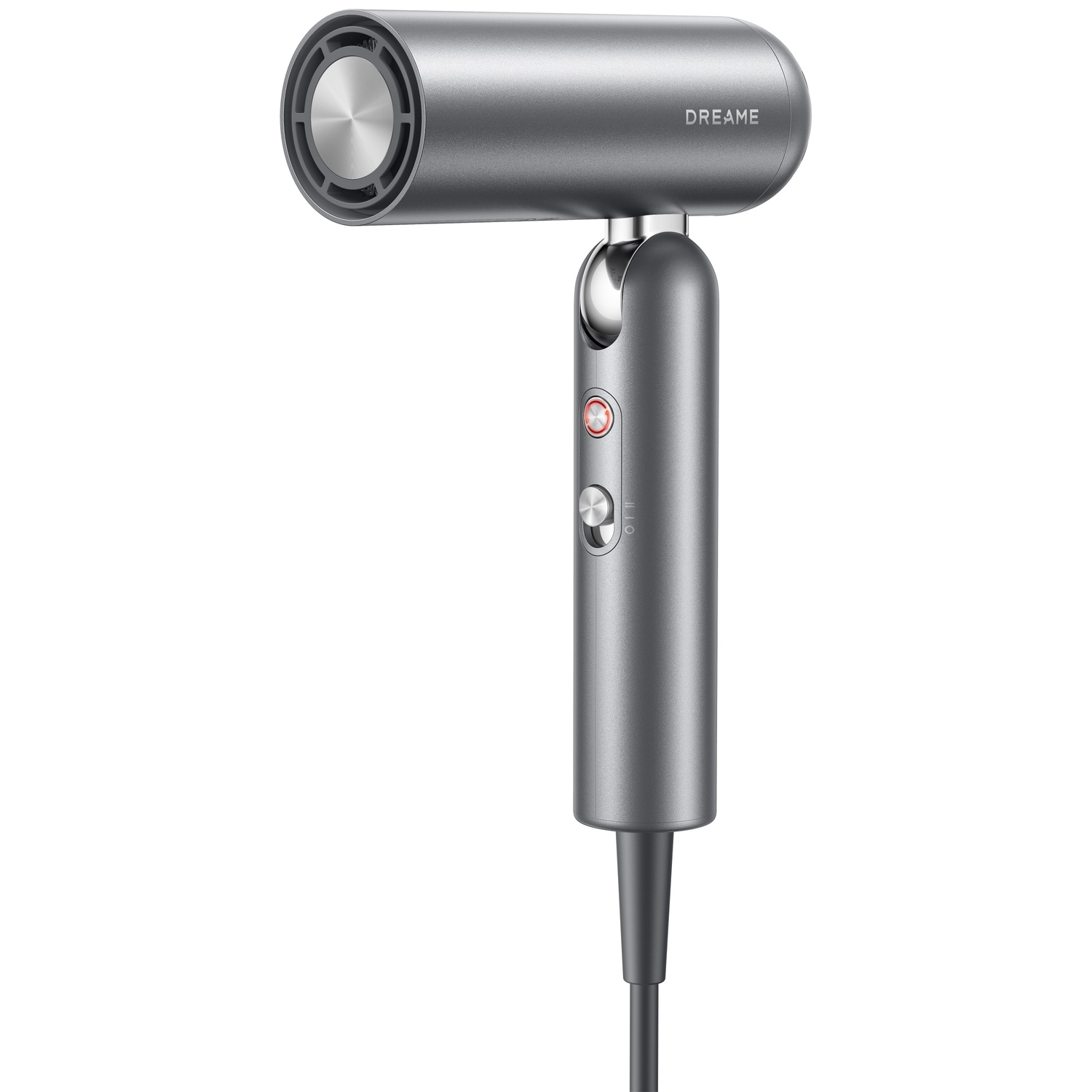 A gray hairdryer with silver accents and buttons.