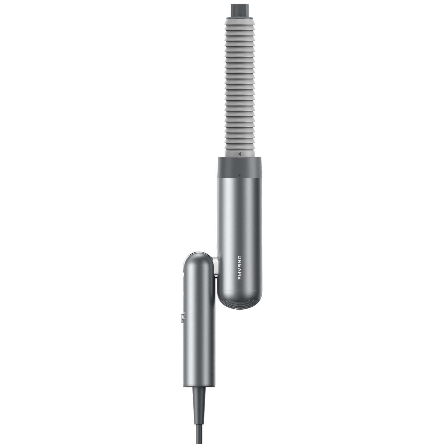 A silver portable hair straightener with a foldable design and a ribbed handle.