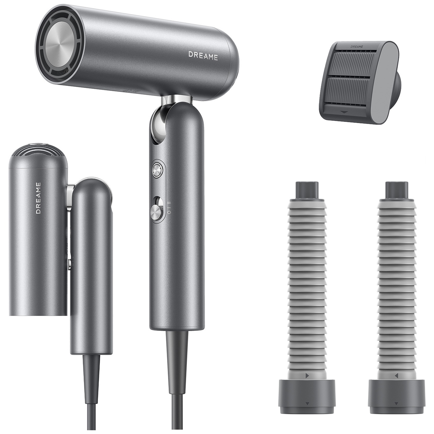 Gray hairdryer with accessories: nozzles, filter, and hoses.