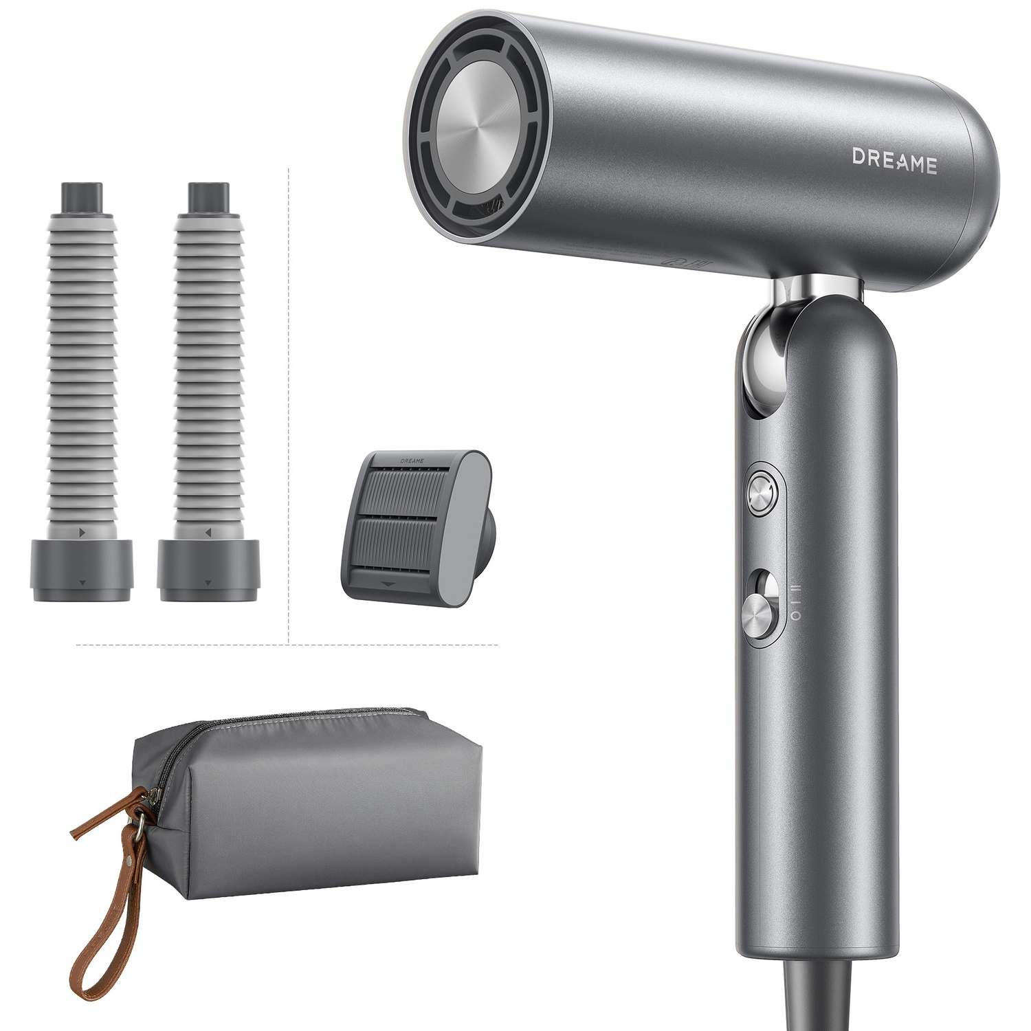 A gray hairdryer with accessories: two filters, a diffuser, and a travel pouch.